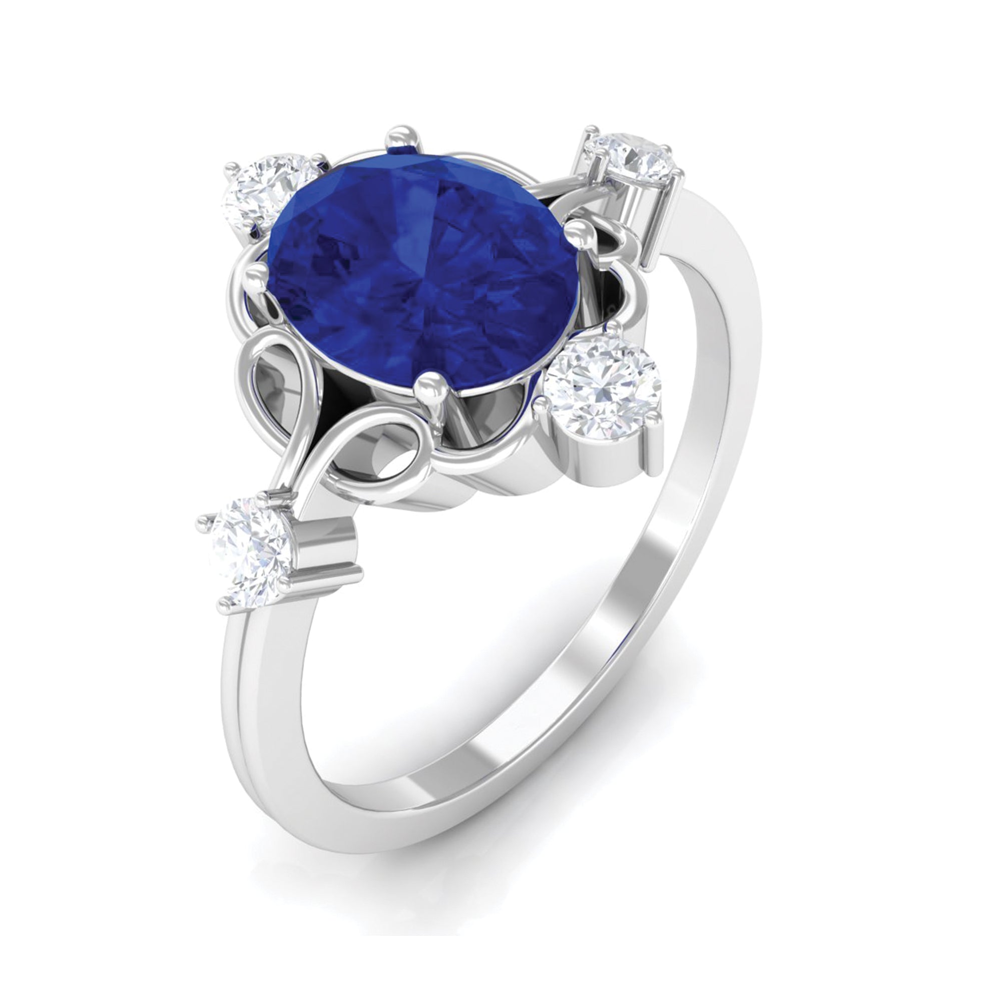 Oval Cut Solitaire Created Blue Sapphire Engagement Ring with Diamond Lab Created Blue Sapphire - ( AAAA ) - Quality - Rosec Jewels