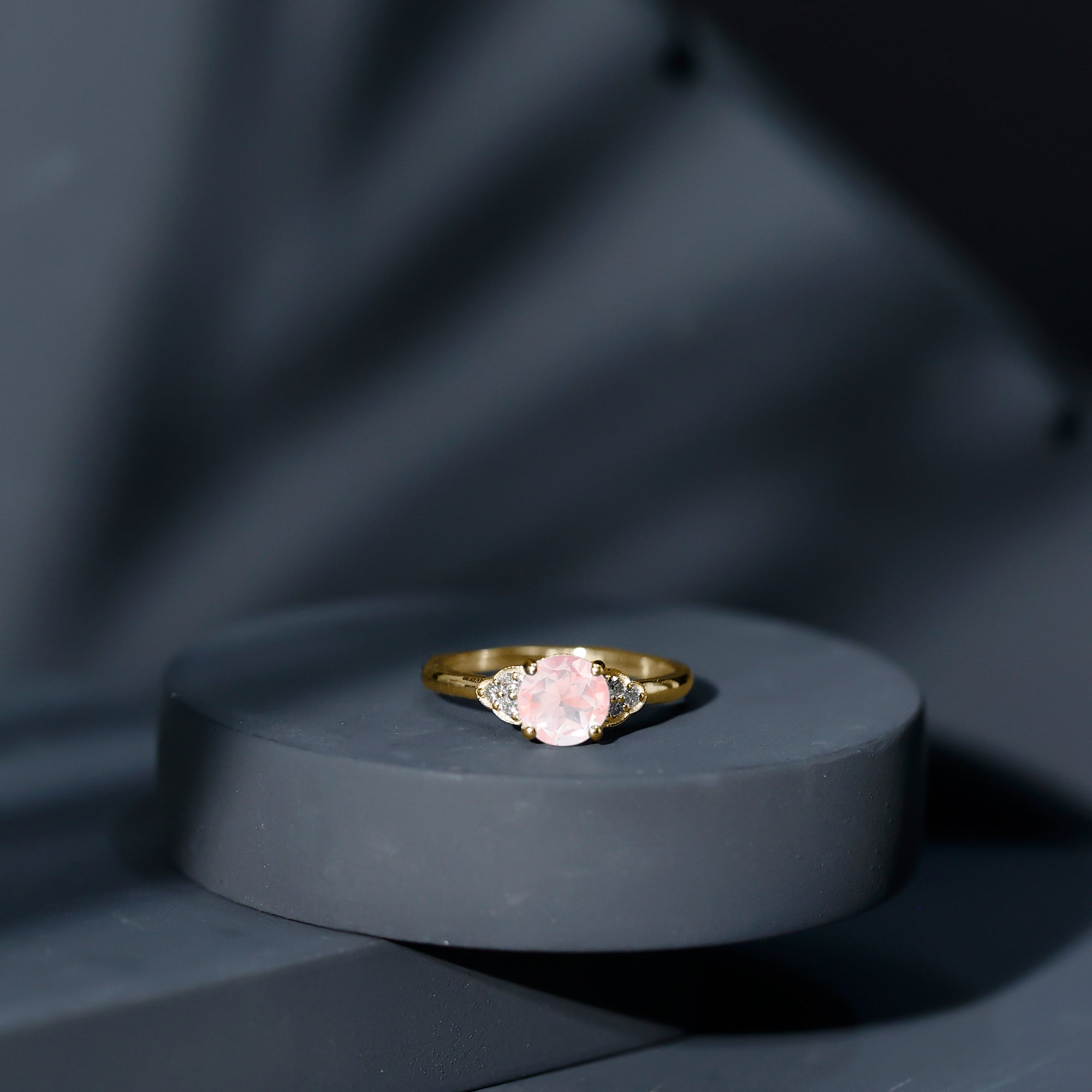 Rose Quartz Solitaire Engagement Ring with Diamond Trio Rose Quartz - ( AAA ) - Quality - Rosec Jewels