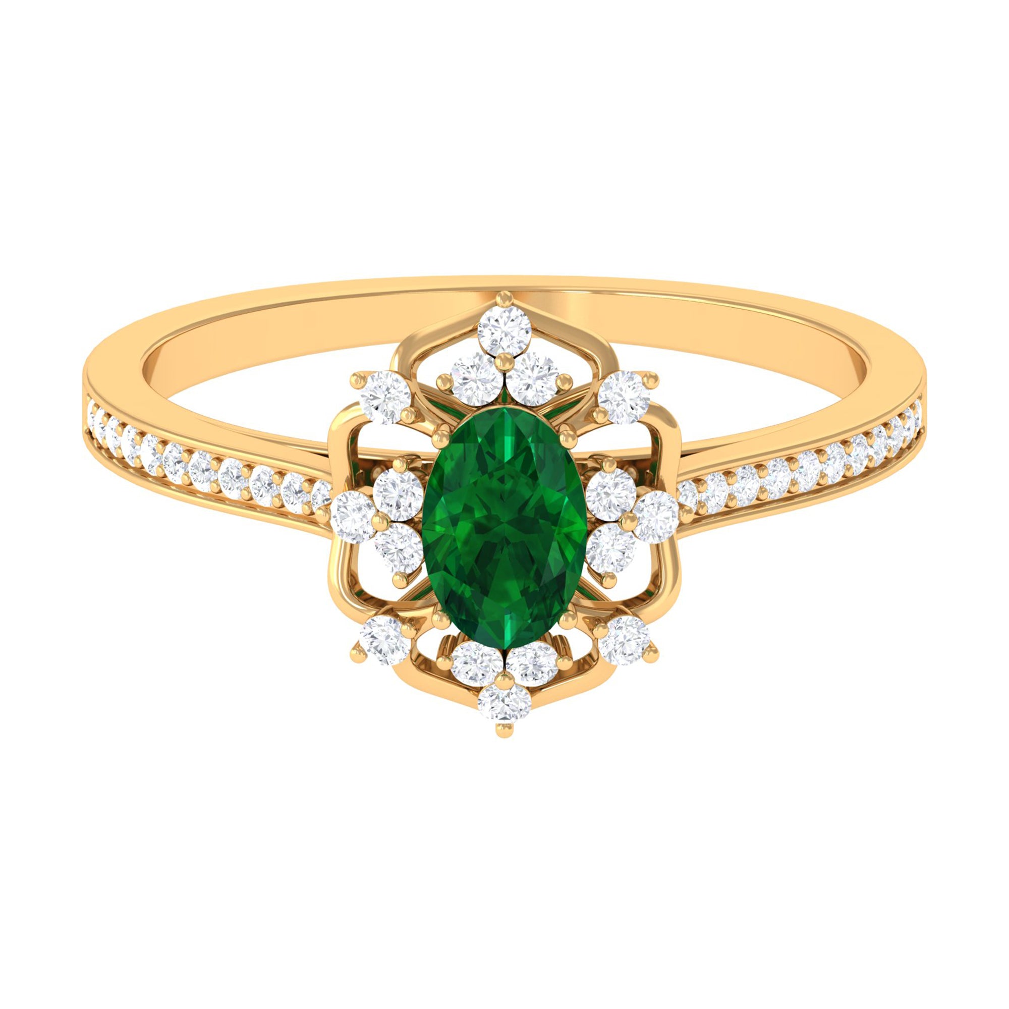 Vintage Style Created Emerald and Diamond Flower Engagement Ring Lab Created Emerald - ( AAAA ) - Quality - Rosec Jewels