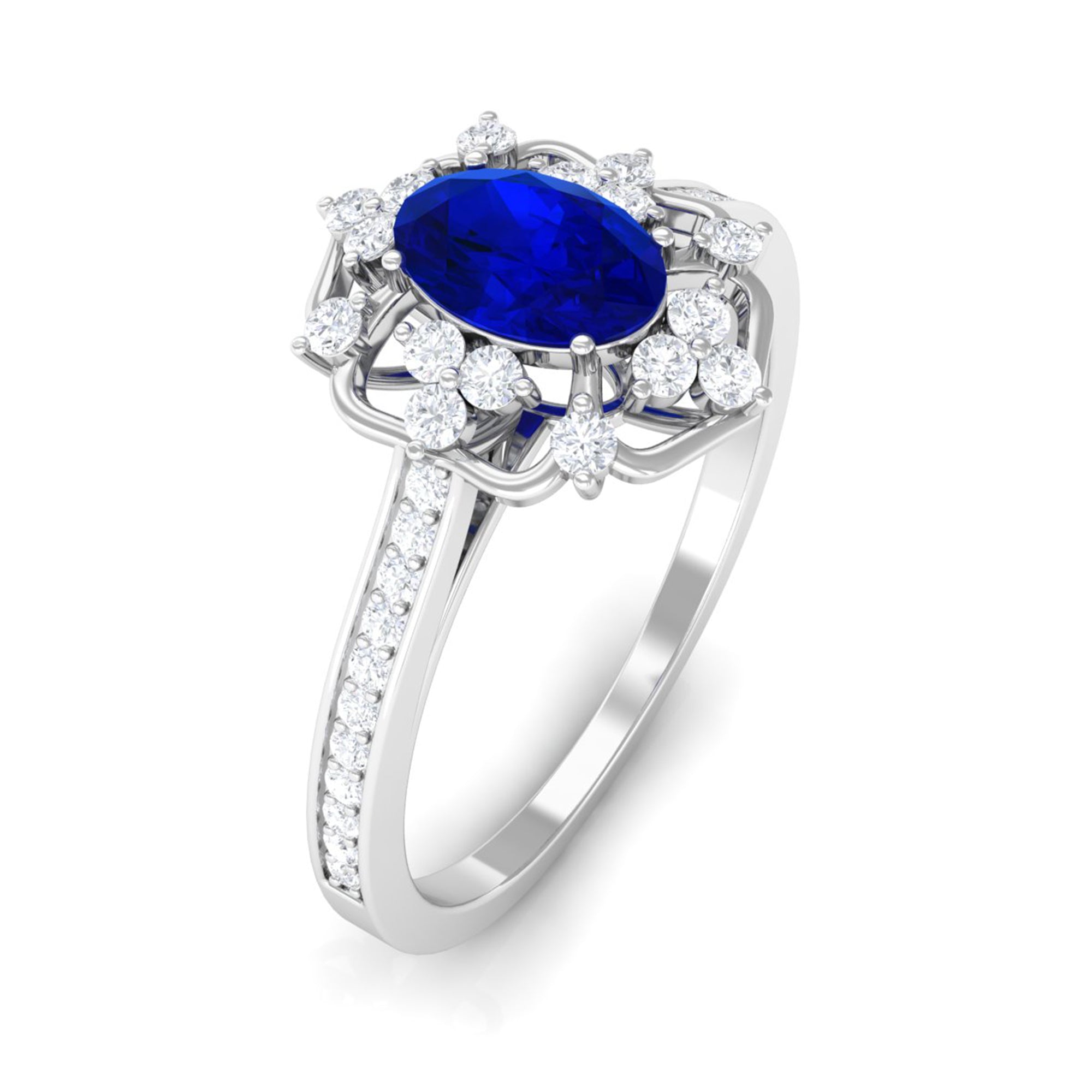 Vintage Style Created Blue Sapphire and Diamond Flower Engagement Ring Lab Created Blue Sapphire - ( AAAA ) - Quality - Rosec Jewels