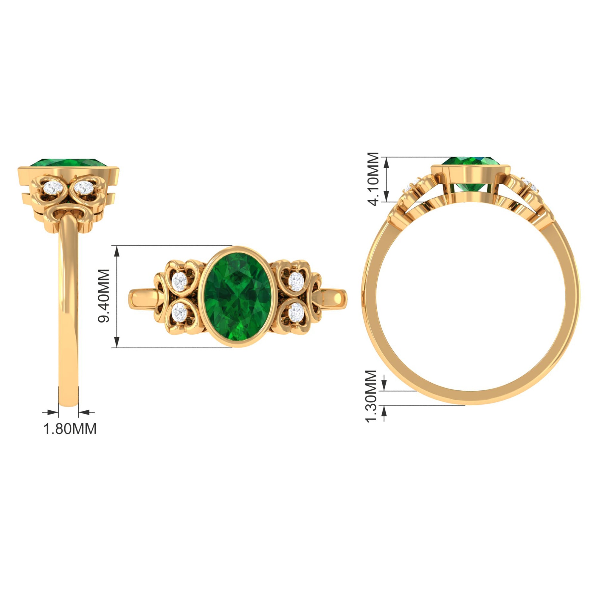 Bezel Set Oval Created Emerald Statement Engagement Ring with Diamond Lab Created Emerald - ( AAAA ) - Quality - Rosec Jewels