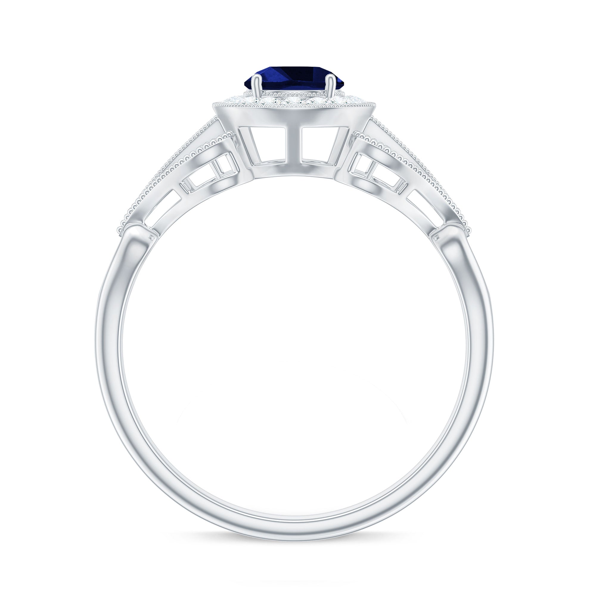 Vintage Lab-Created Blue Sapphire Diamond Engagement Ring Lab Created Blue Sapphire - ( AAAA ) - Quality - Rosec Jewels