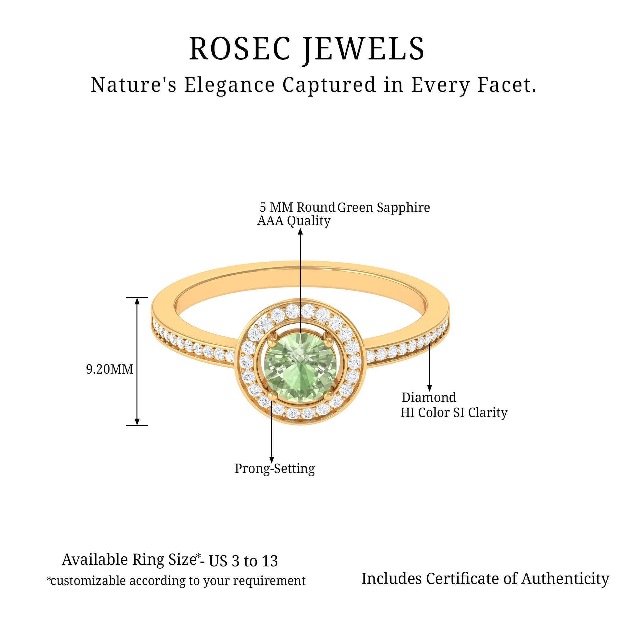 Round Green Sapphire and Diamond Floating Halo Engagement Ring Green Sapphire - ( AAA ) - Quality - Rosec Jewels