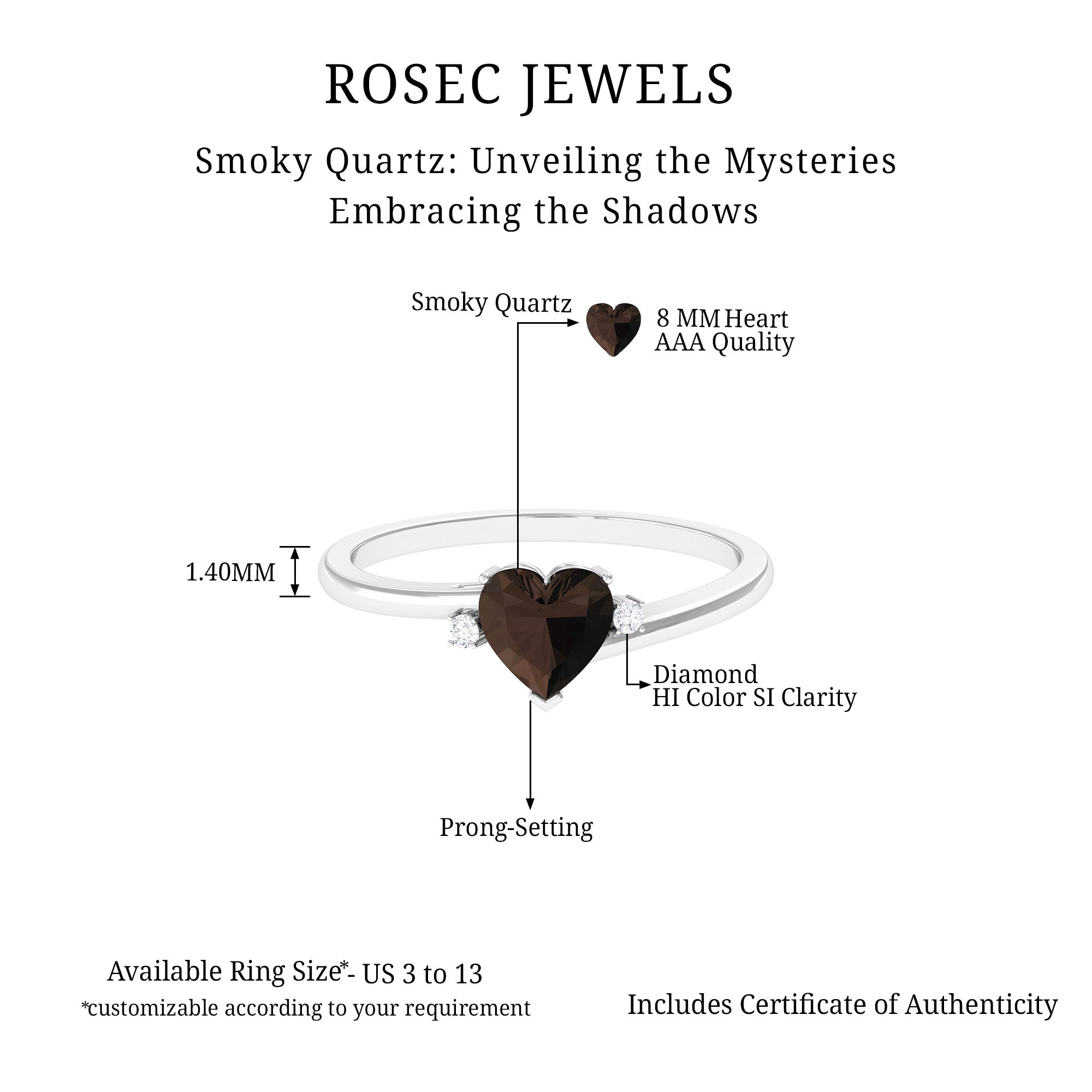 Heart Shape Smoky Quartz Solitaire Promise Ring with Diamond Smoky Quartz - ( AAA ) - Quality - Rosec Jewels