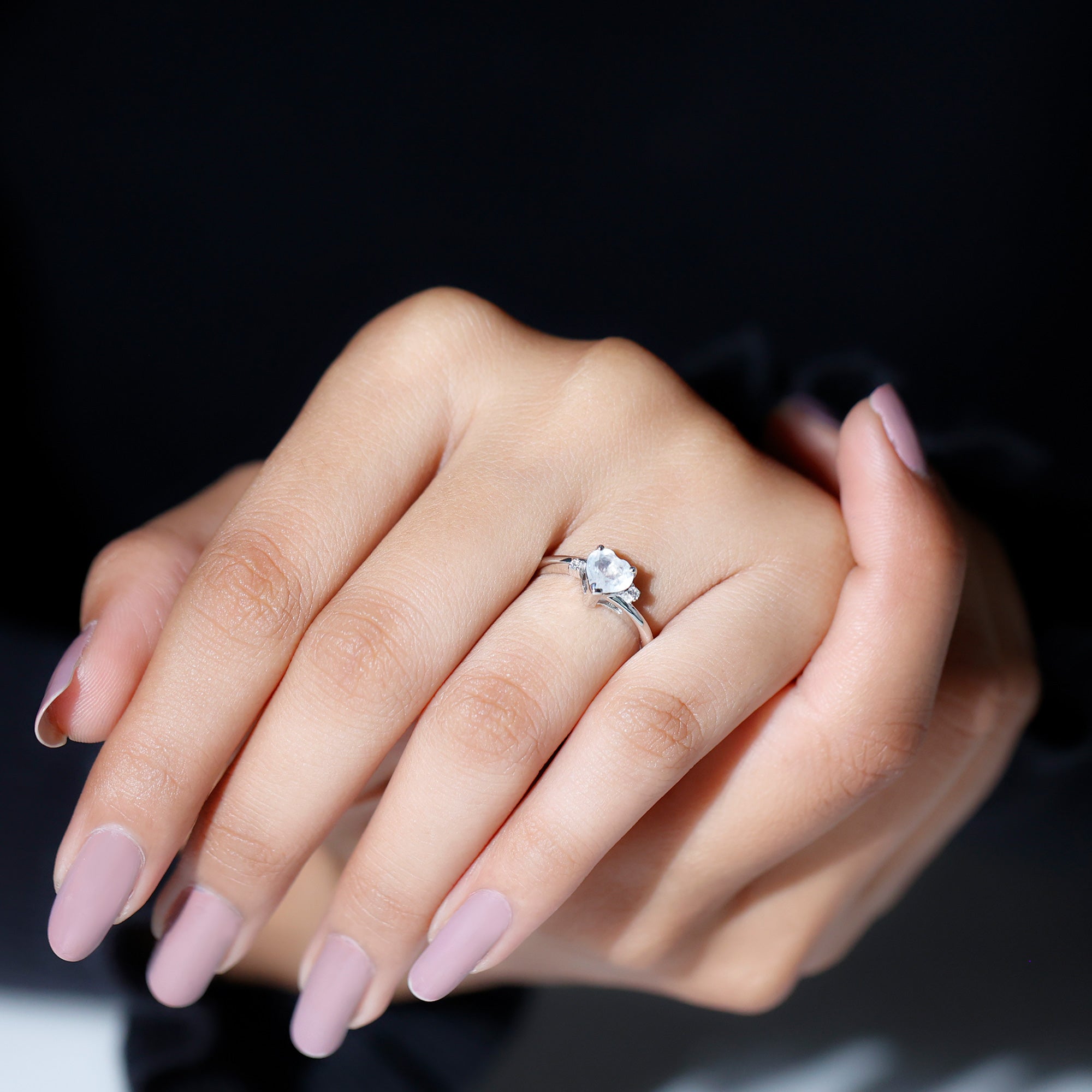 Heart Shape Real Moonstone Solitaire Promise Ring with Diamond Moonstone - ( AAA ) - Quality - Rosec Jewels