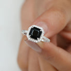 Asscher Cut Black Onyx Halo Engagement Ring with Diamond Black Onyx - ( AAA ) - Quality - Rosec Jewels