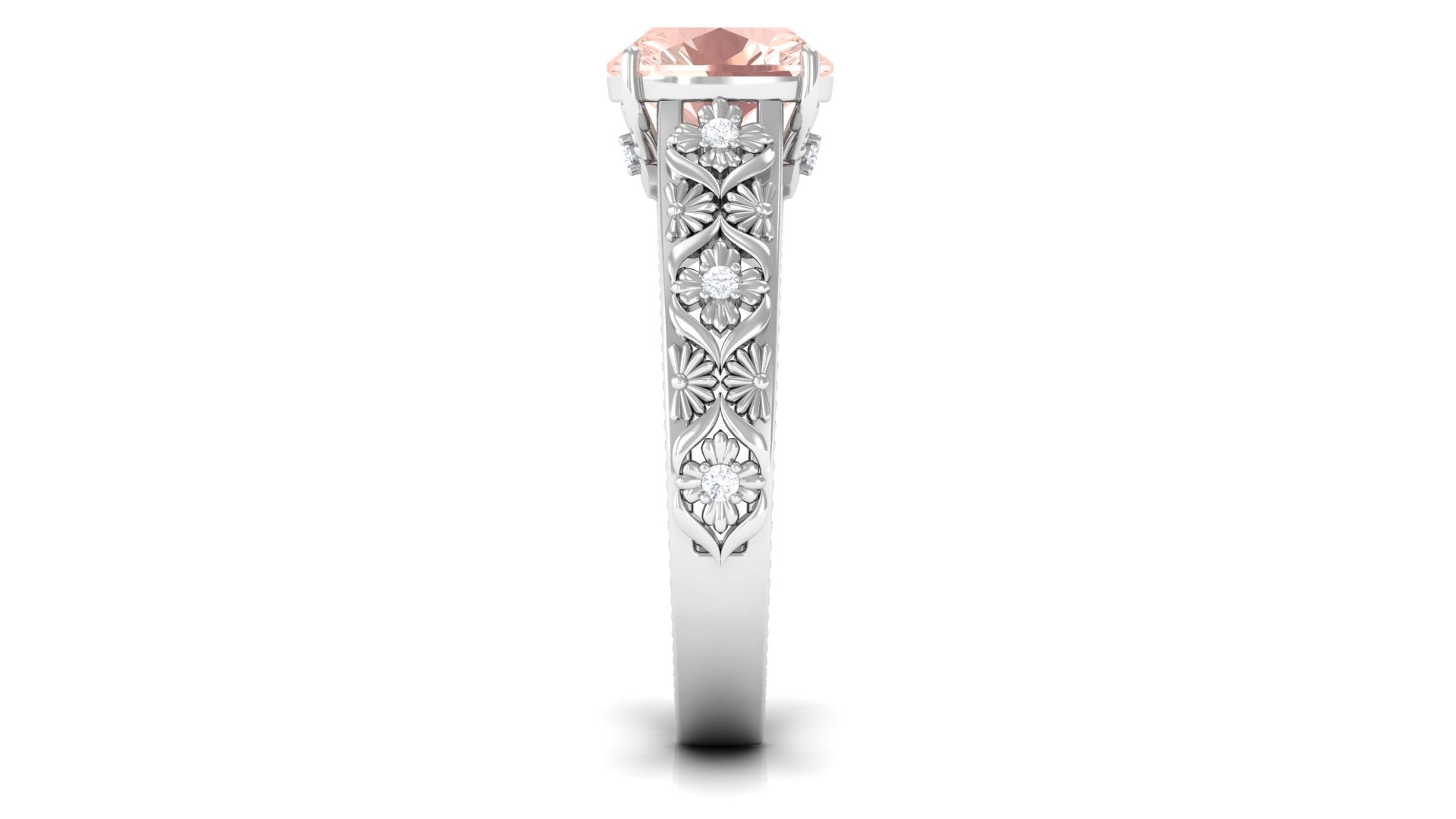 Cushion Cut Solitaire Morganite Floral Engagement Ring with Diamond Morganite - ( AAA ) - Quality - Rosec Jewels