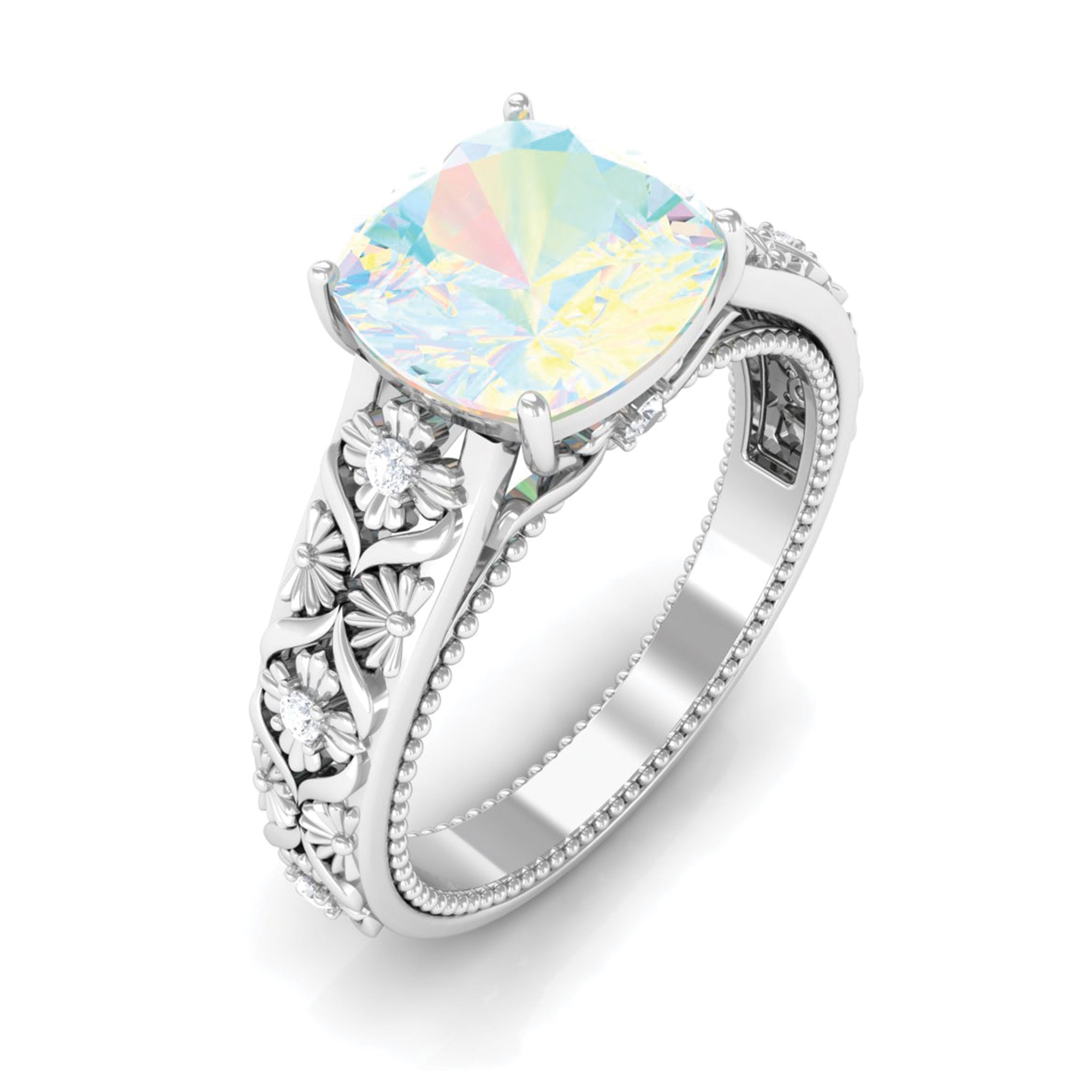 Cushion Cut Solitaire Ethiopian Opal Floral Engagement Ring with Diamond Ethiopian Opal - ( AAA ) - Quality - Rosec Jewels