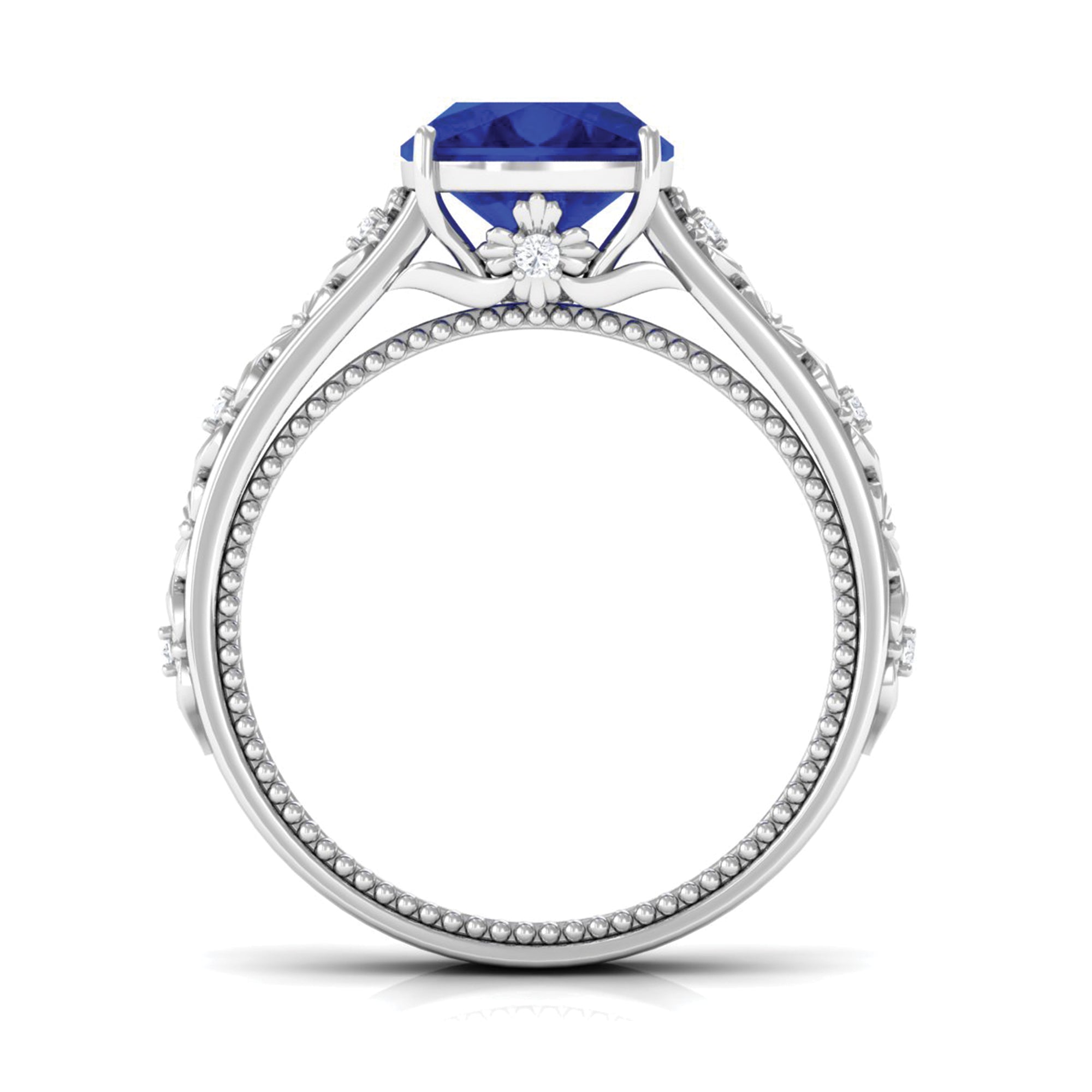 Cushion Cut Solitaire Created Blue Sapphire Floral Engagement Ring with Diamond Lab Created Blue Sapphire - ( AAAA ) - Quality - Rosec Jewels