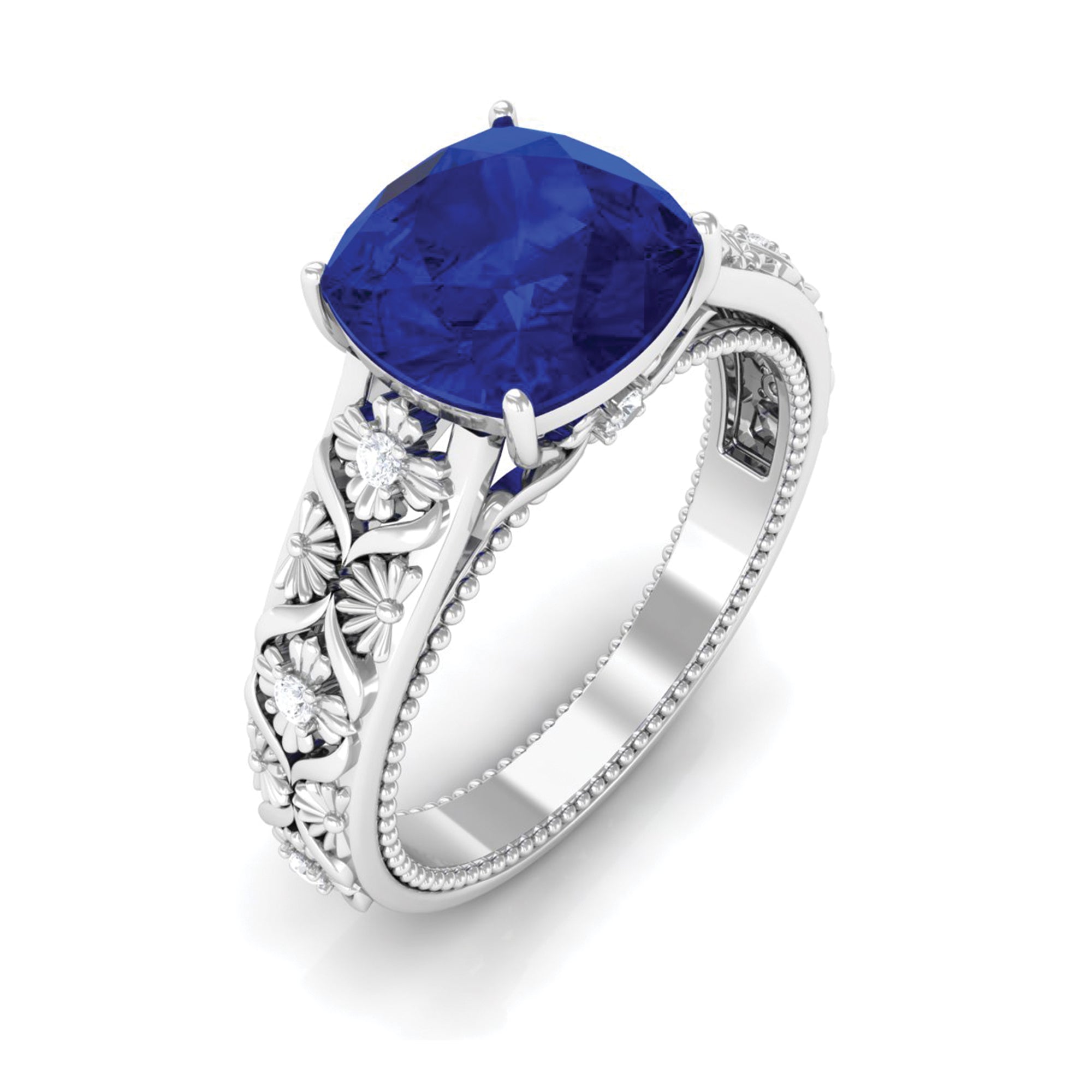 Cushion Cut Solitaire Created Blue Sapphire Floral Engagement Ring with Diamond Lab Created Blue Sapphire - ( AAAA ) - Quality - Rosec Jewels