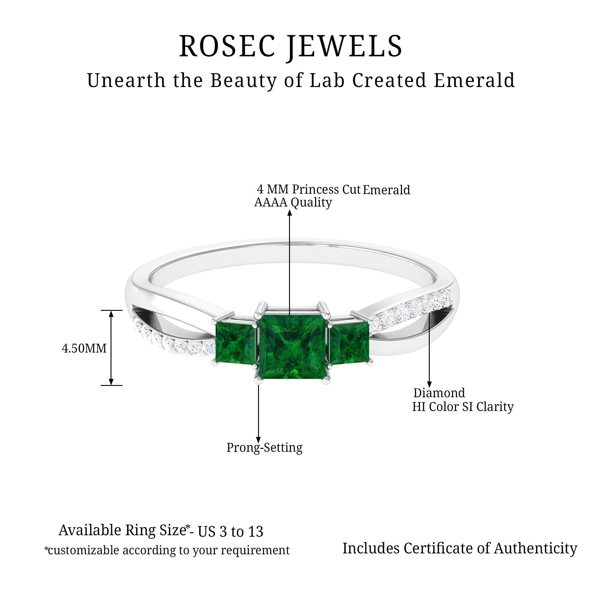 Princess Cut Created Emerald 3 Stone Ring with Diamond Lab Created Emerald - ( AAAA ) - Quality - Rosec Jewels