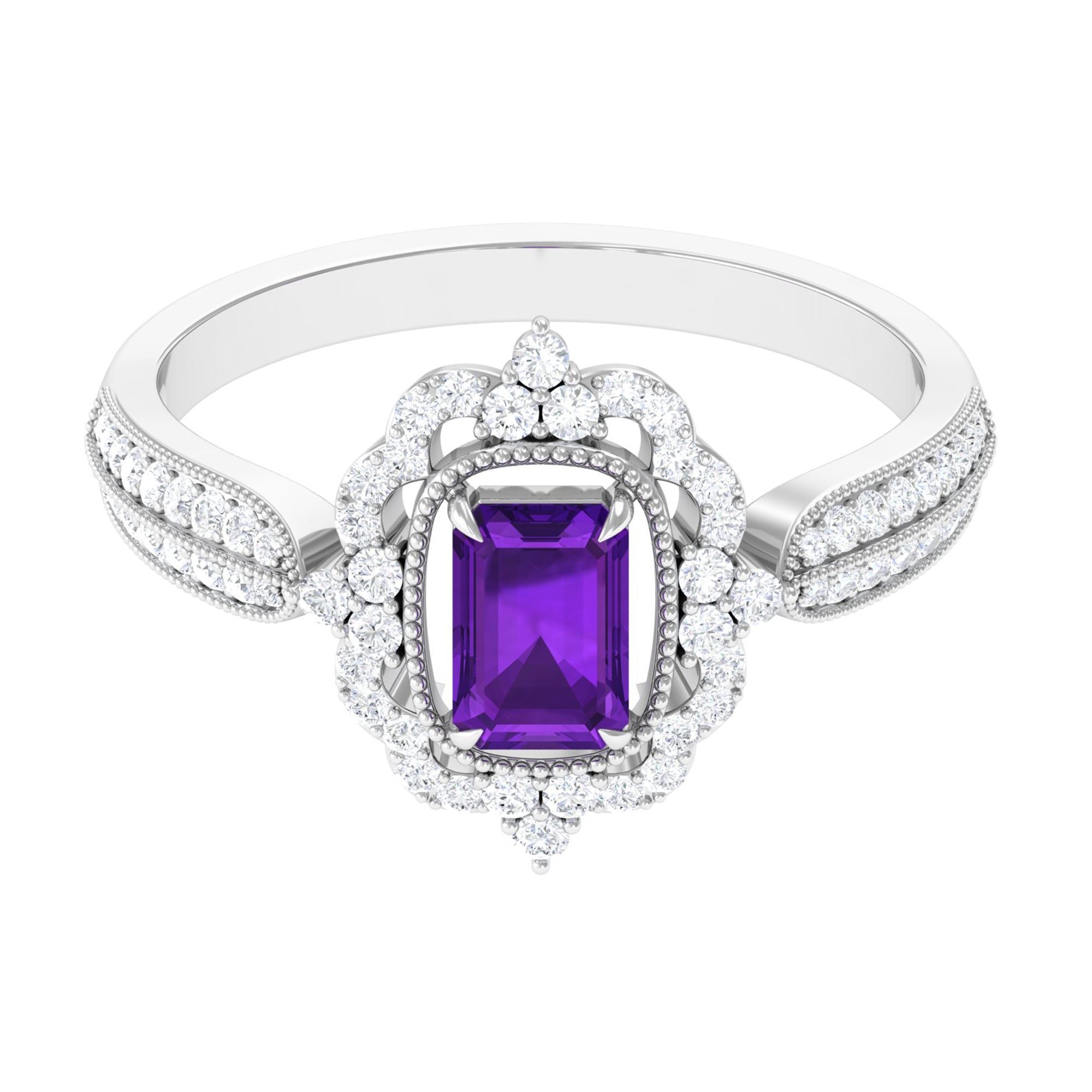 Vintage Style Octagon Amethyst Engagement Ring with Diamond Floral Halo Amethyst - ( AAA ) - Quality - Rosec Jewels