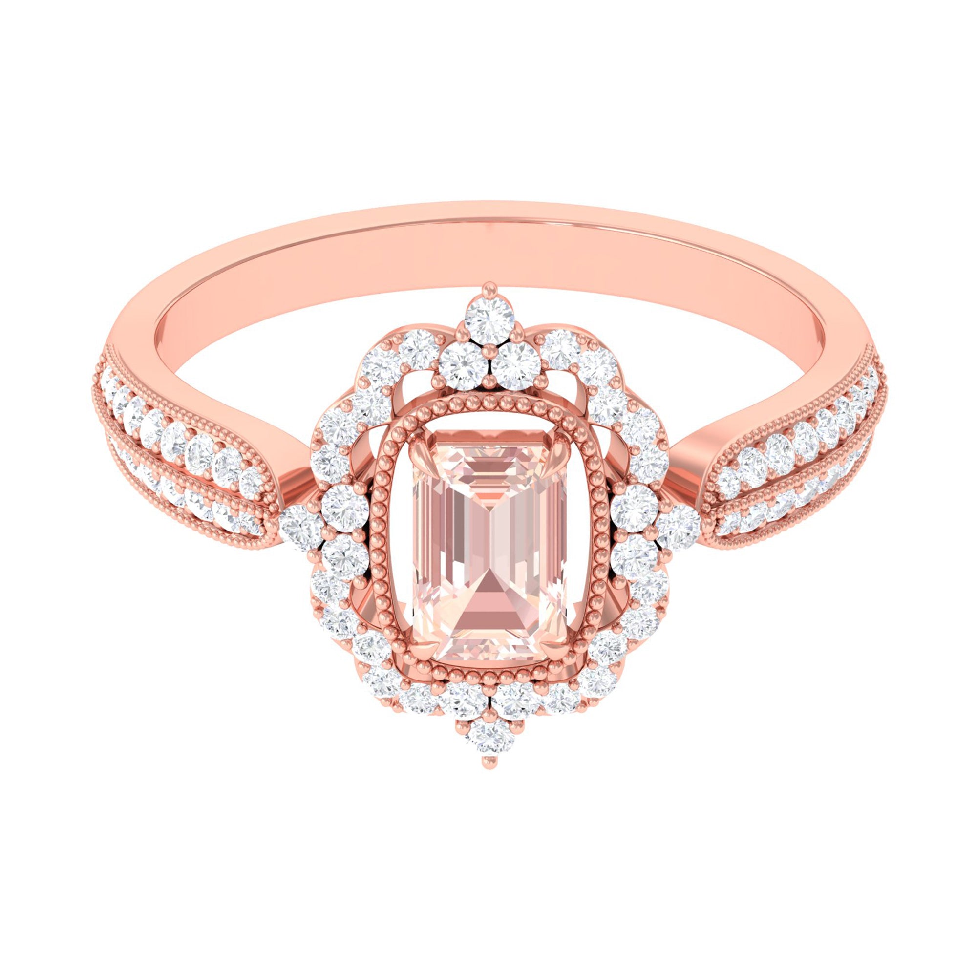 Vintage Style Emerald Cut Morganite Engagement Ring with Diamond Floral Halo Morganite - ( AAA ) - Quality - Rosec Jewels