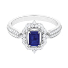 Vintage Style Created Blue Sapphire Engagement Ring with Diamond Floral Halo Lab Created Blue Sapphire - ( AAAA ) - Quality - Rosec Jewels