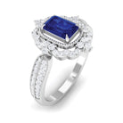 Vintage Style Created Blue Sapphire Engagement Ring with Diamond Floral Halo Lab Created Blue Sapphire - ( AAAA ) - Quality - Rosec Jewels