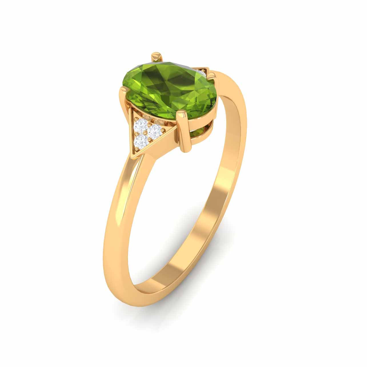 Oval Peridot Solitaire Ring with Diamond Accent Peridot - ( AAA ) - Quality - Rosec Jewels