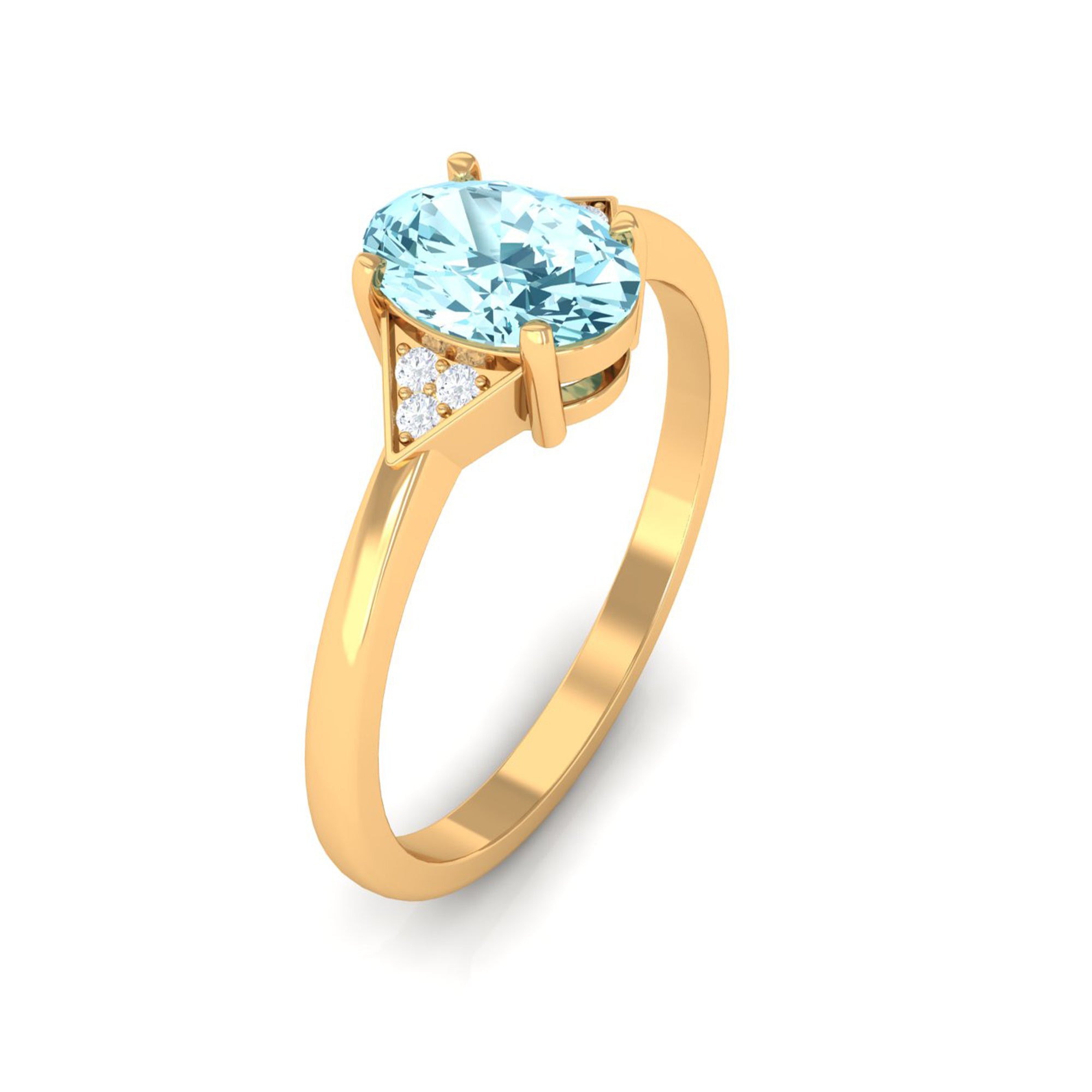 Oval Aquamarine Solitaire Ring with Diamond Accent Aquamarine - ( AAA ) - Quality - Rosec Jewels