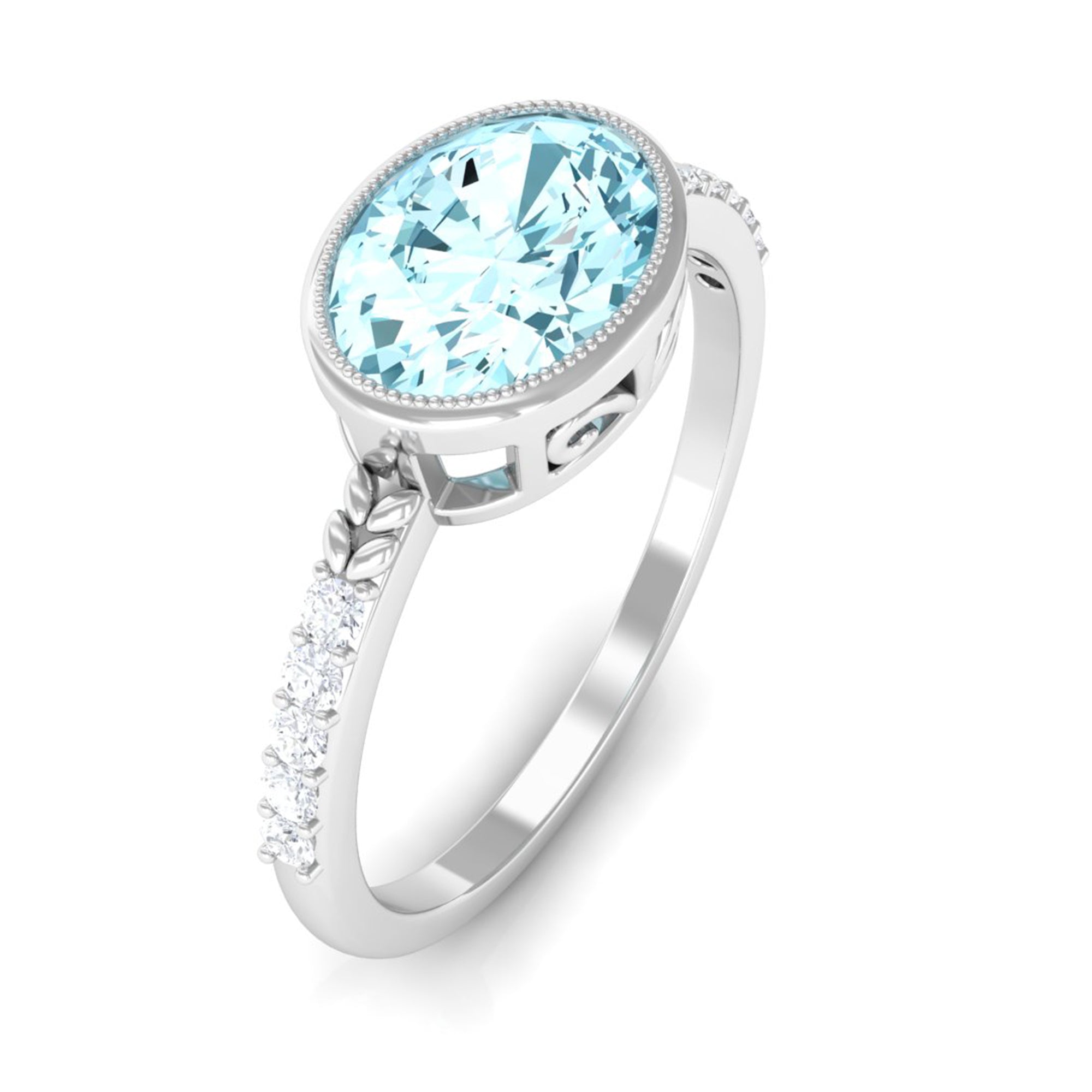 Bezel Set Oval Aquamarine East West Engagement Ring with Diamond Aquamarine - ( AAA ) - Quality - Rosec Jewels