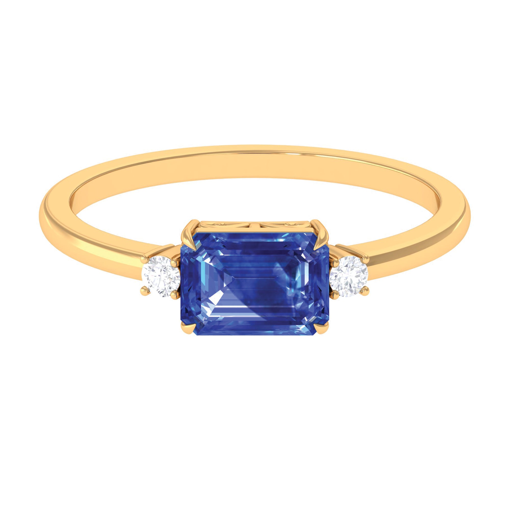 Octagon Cut Created Blue Sapphire East West Engagement Ring with Diamond Lab Created Blue Sapphire - ( AAAA ) - Quality - Rosec Jewels