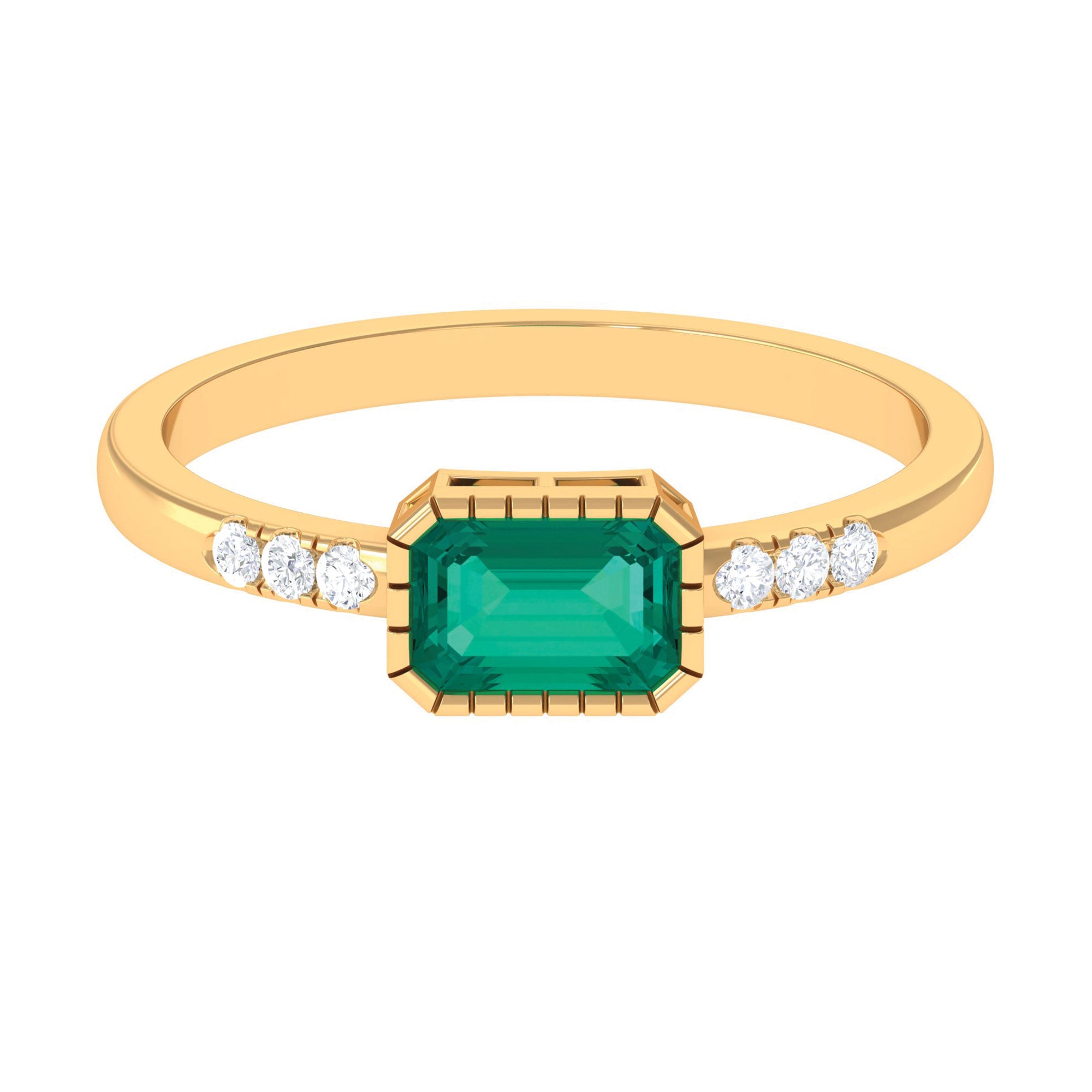 Octagon Cut Emerald East West Engagement Ring with Diamond Accent Emerald - ( AAA ) - Quality - Rosec Jewels