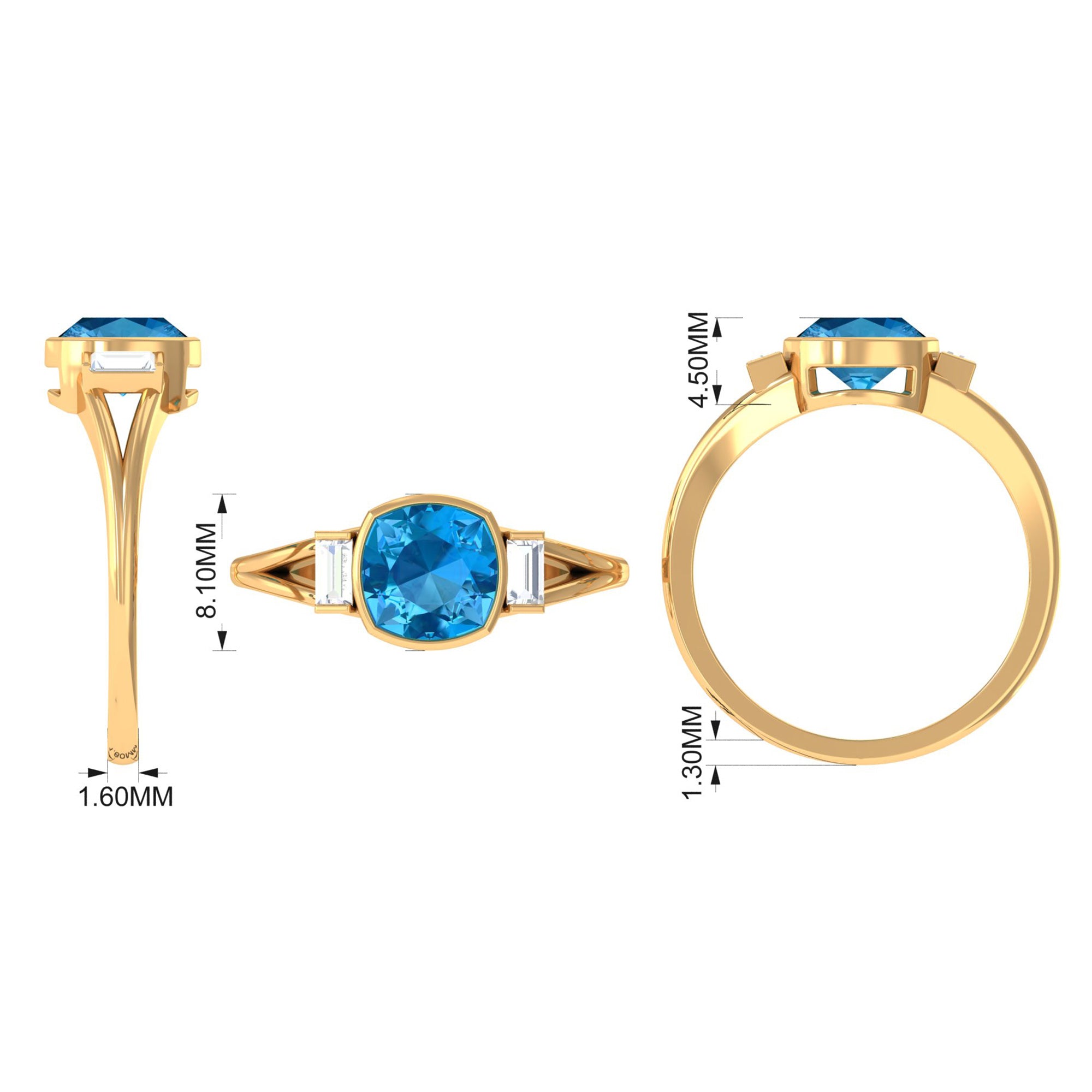 Cushion Cut Swiss Blue Topaz Solitaire Ring with Diamond in Split Shank Swiss Blue Topaz - ( AAA ) - Quality - Rosec Jewels