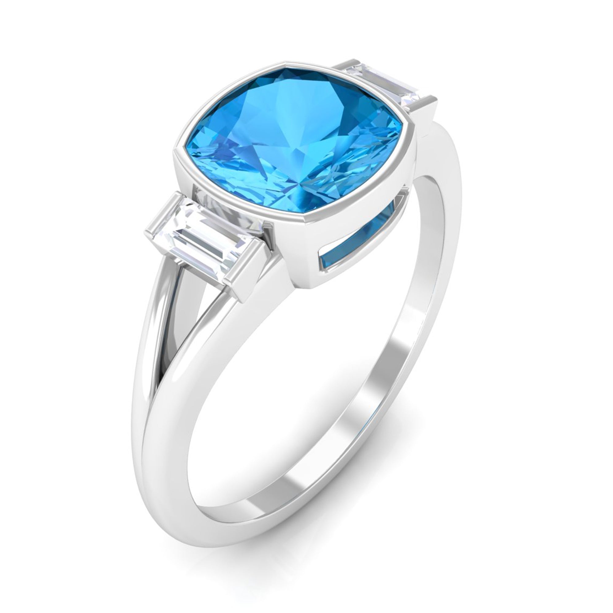 Cushion Cut Swiss Blue Topaz Solitaire Ring with Diamond in Split Shank Swiss Blue Topaz - ( AAA ) - Quality - Rosec Jewels