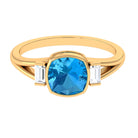 Cushion Cut Swiss Blue Topaz Solitaire Ring with Diamond in Split Shank Swiss Blue Topaz - ( AAA ) - Quality - Rosec Jewels