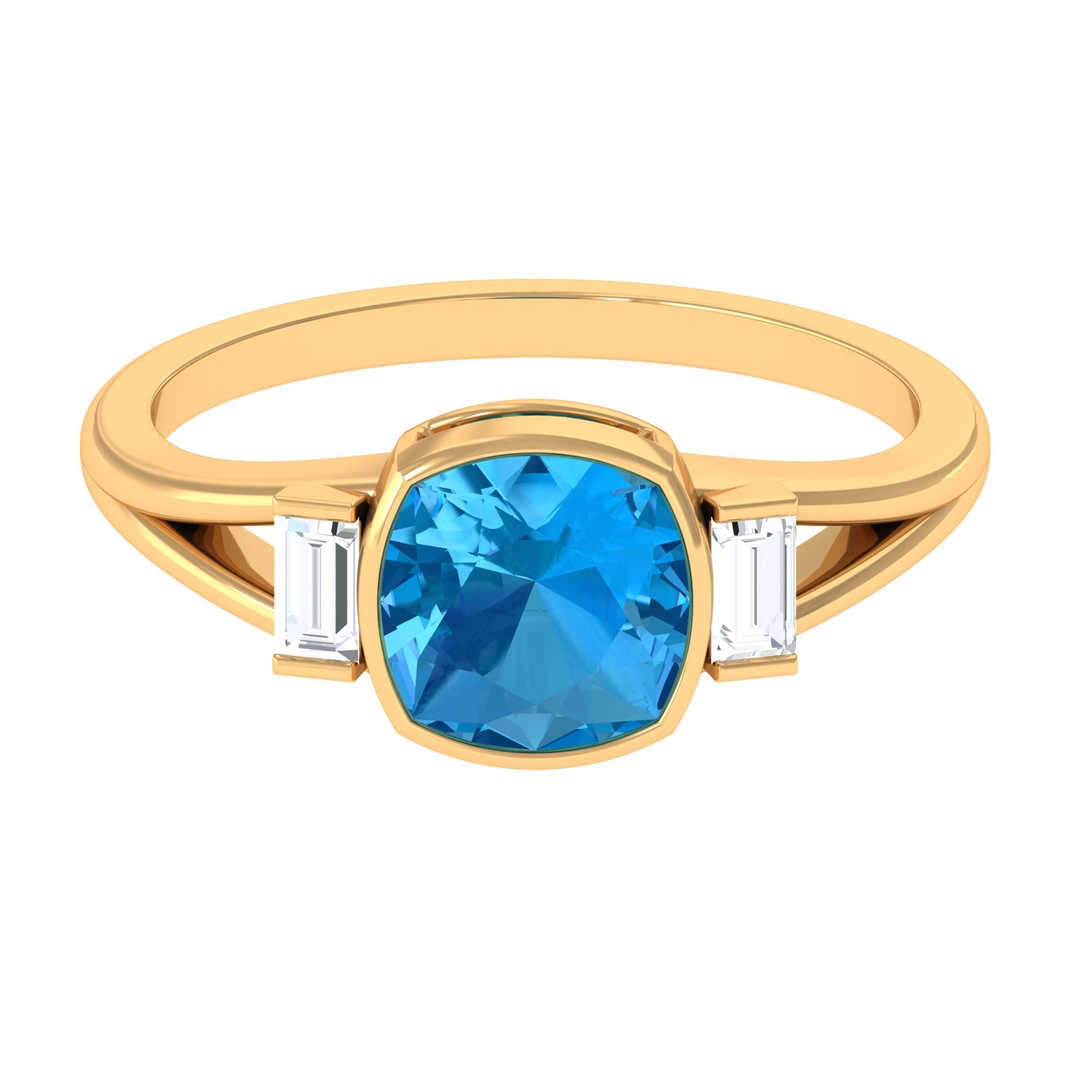 Cushion Cut Swiss Blue Topaz Solitaire Ring with Diamond in Split Shank Swiss Blue Topaz - ( AAA ) - Quality - Rosec Jewels