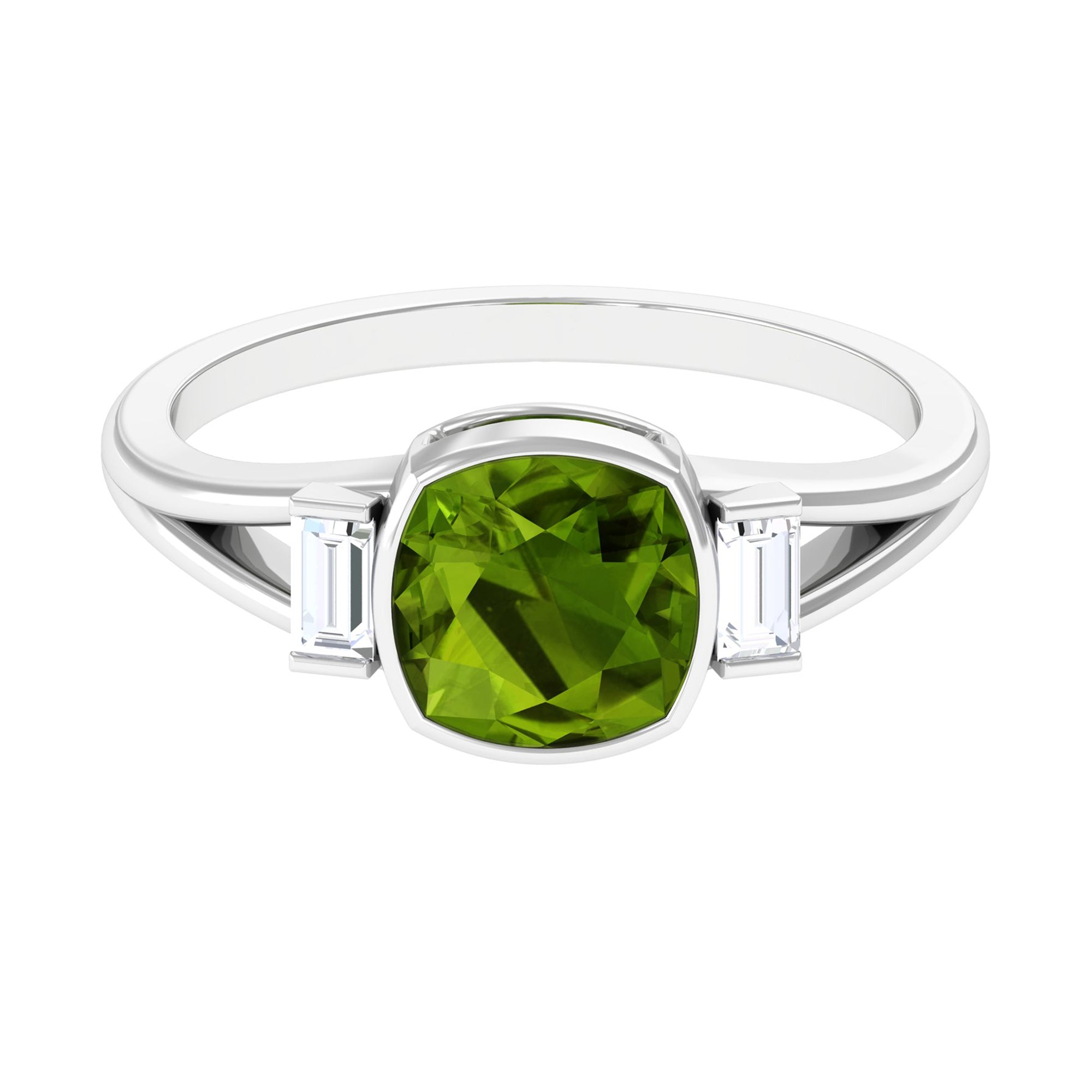 Simple Cushion Cut Peridot Solitaire Engagement Ring with Diamond in Split Shank Peridot - ( AAA ) - Quality - Rosec Jewels