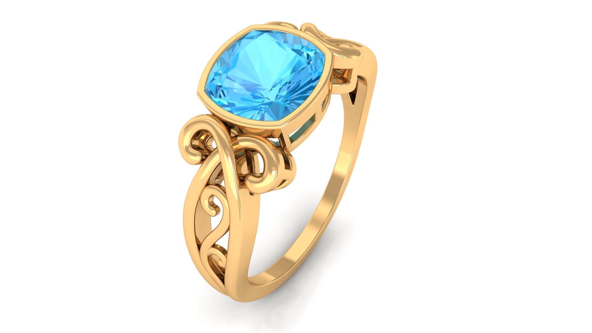 Cushion Cut Swiss Blue Topaz Vintage Solitaire Ring in Bezel Setting Swiss Blue Topaz - ( AAA ) - Quality - Rosec Jewels