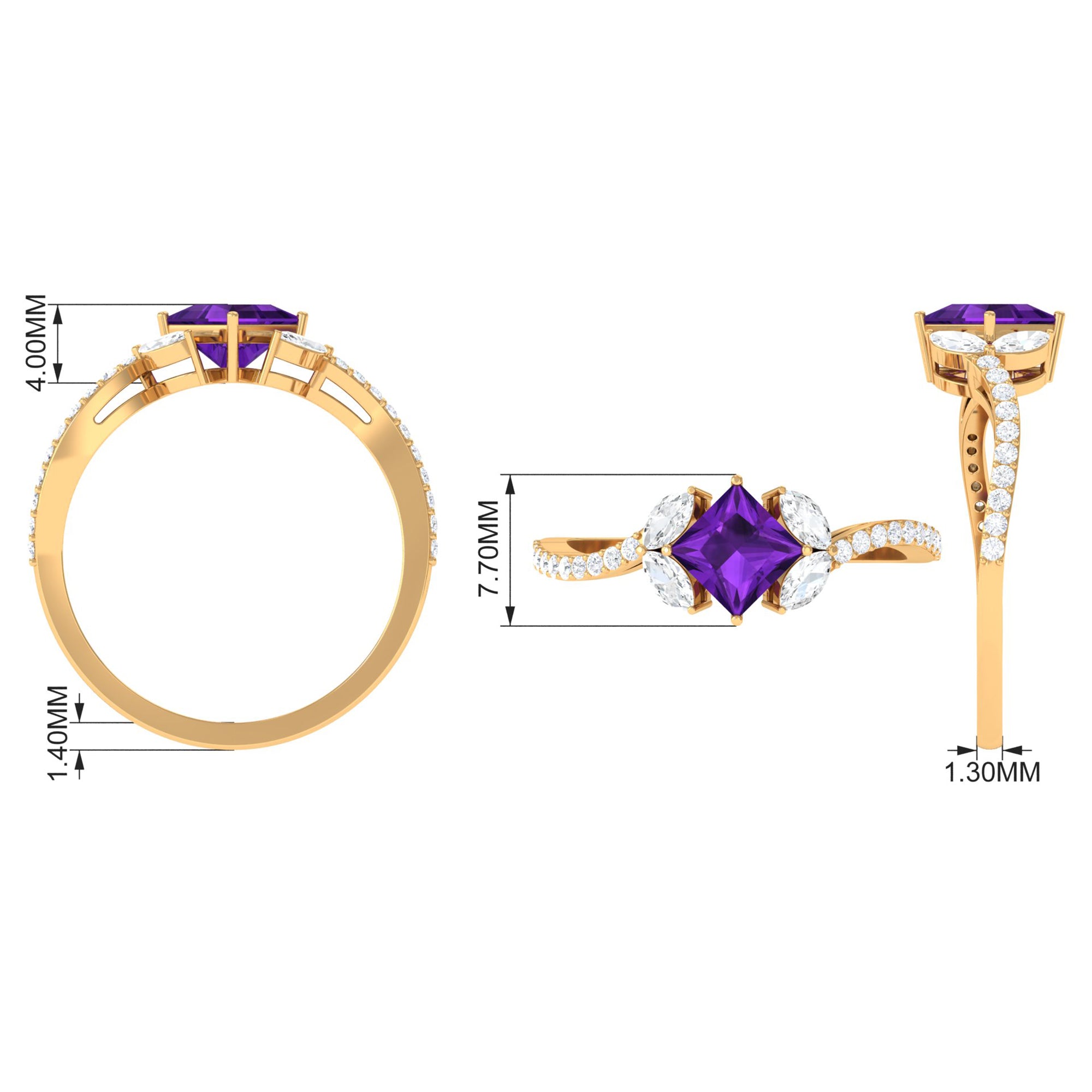 Nature Inspired Princess Cut Amethyst and Diamond Engagement Ring Amethyst - ( AAA ) - Quality - Rosec Jewels