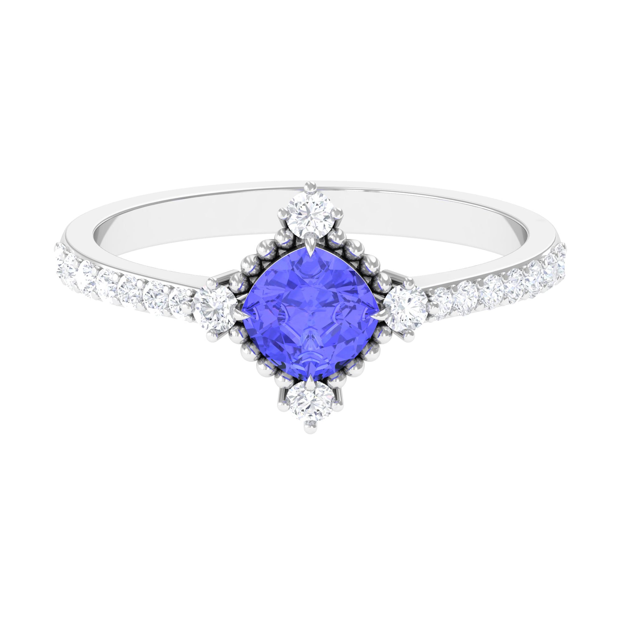 1.75 CT Cushion Tanzanite Solitaire Engagement Ring with Diamond Side Stones Tanzanite - ( AAA ) - Quality - Rosec Jewels