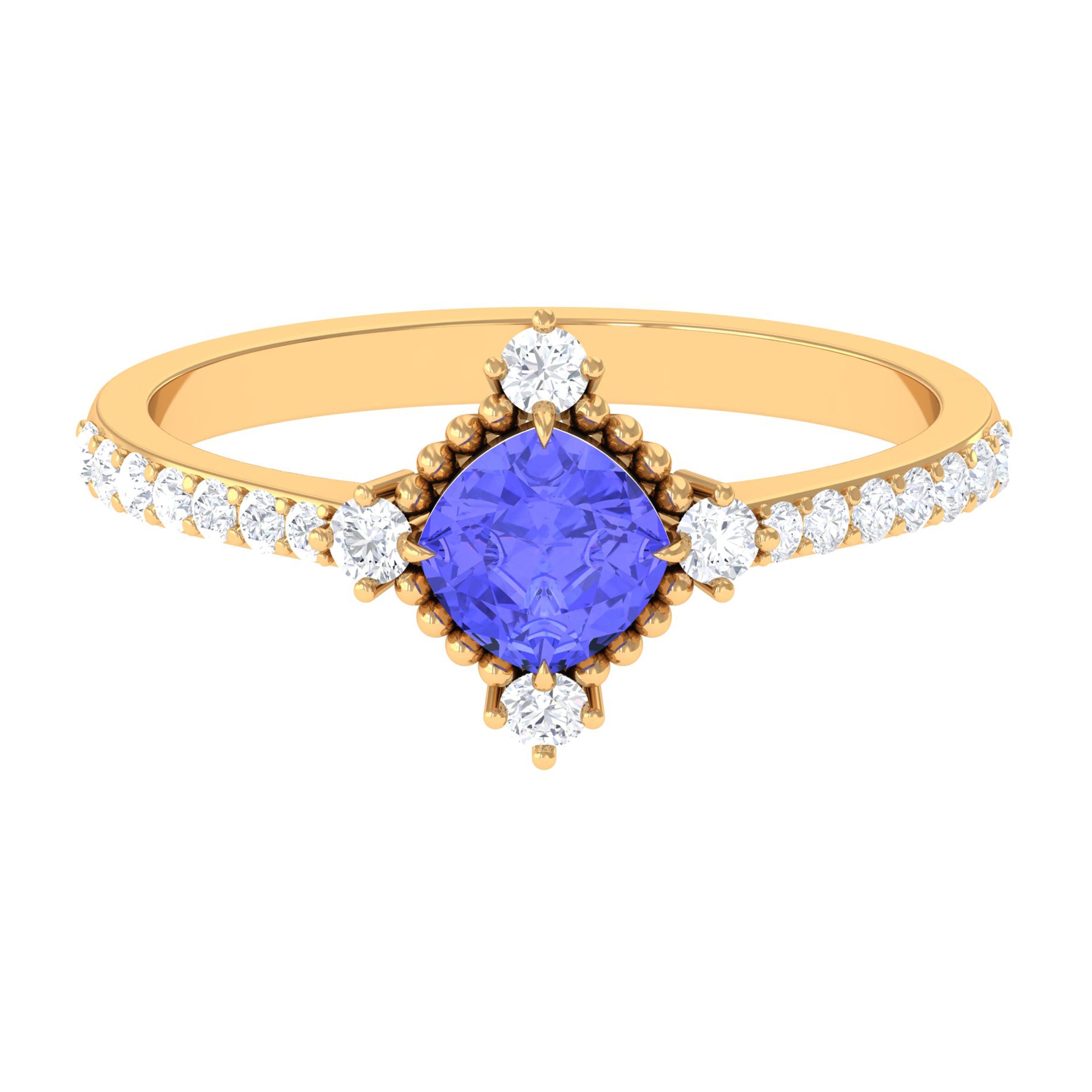 1.75 CT Cushion Tanzanite Solitaire Engagement Ring with Diamond Side Stones Tanzanite - ( AAA ) - Quality - Rosec Jewels