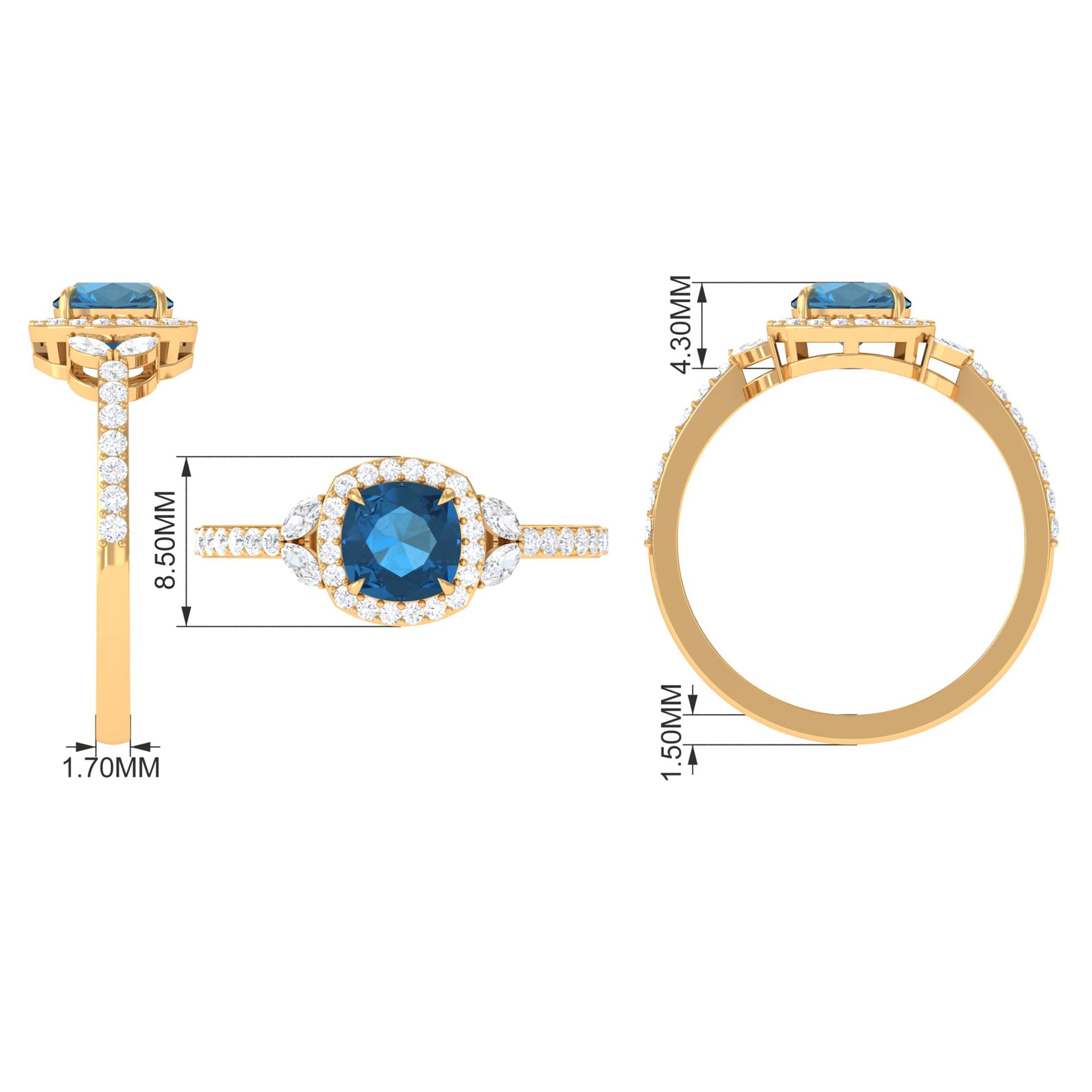 Natural London Blue Topaz Halo Engagement Ring with Diamond London Blue Topaz - ( AAA ) - Quality - Rosec Jewels