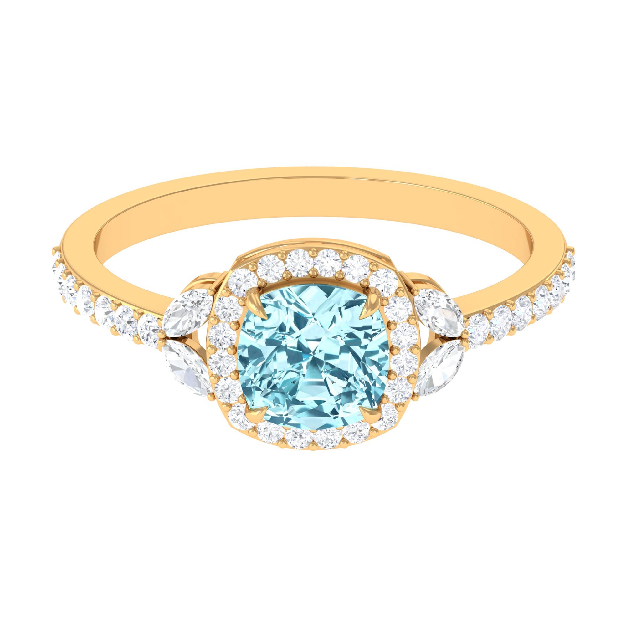 Real Aquamarine Halo Engagement Ring with Diamond Aquamarine - ( AAA ) - Quality - Rosec Jewels