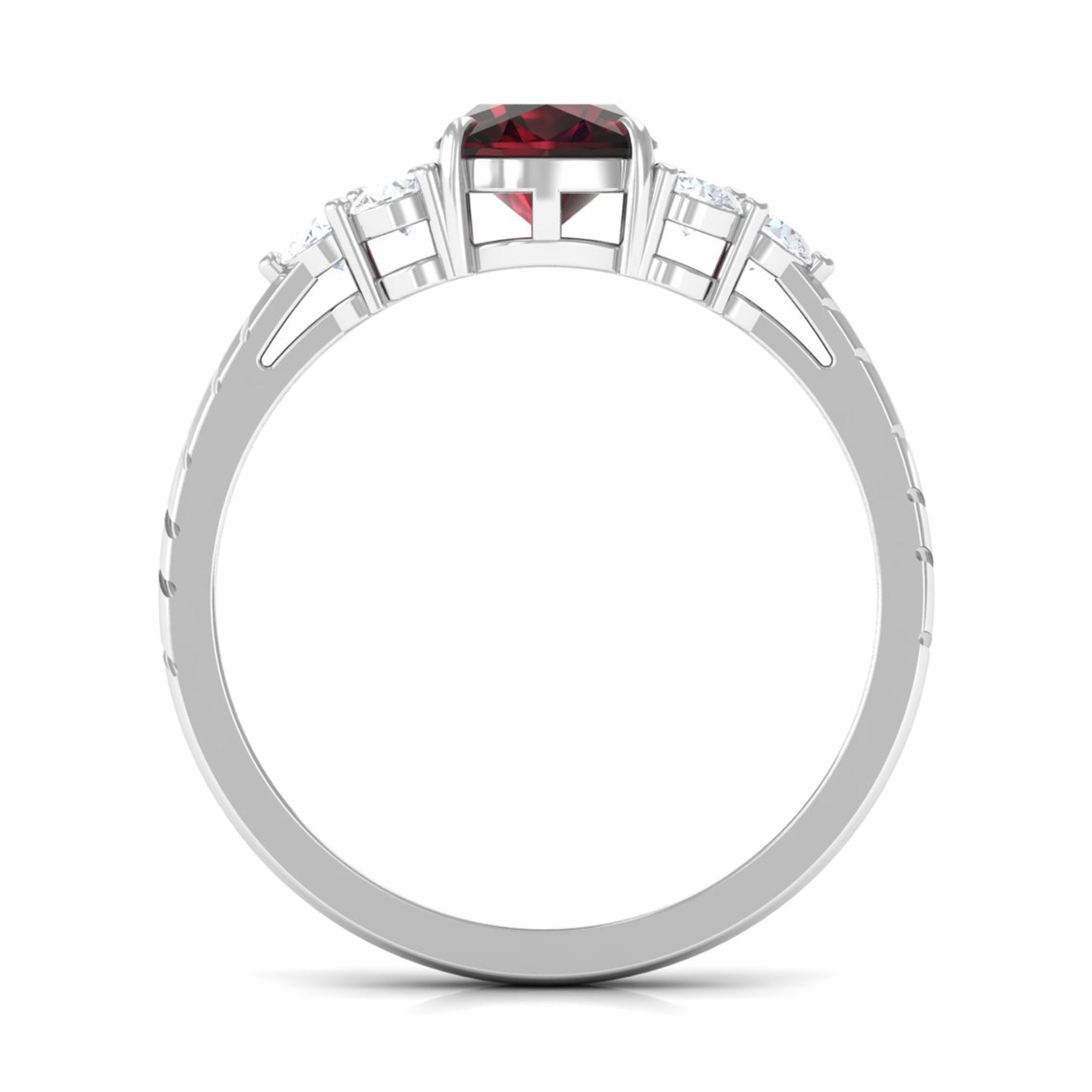 Cushion Cut Garnet Solitaire Engagement Ring with Diamond Trio Garnet - ( AAA ) - Quality - Rosec Jewels