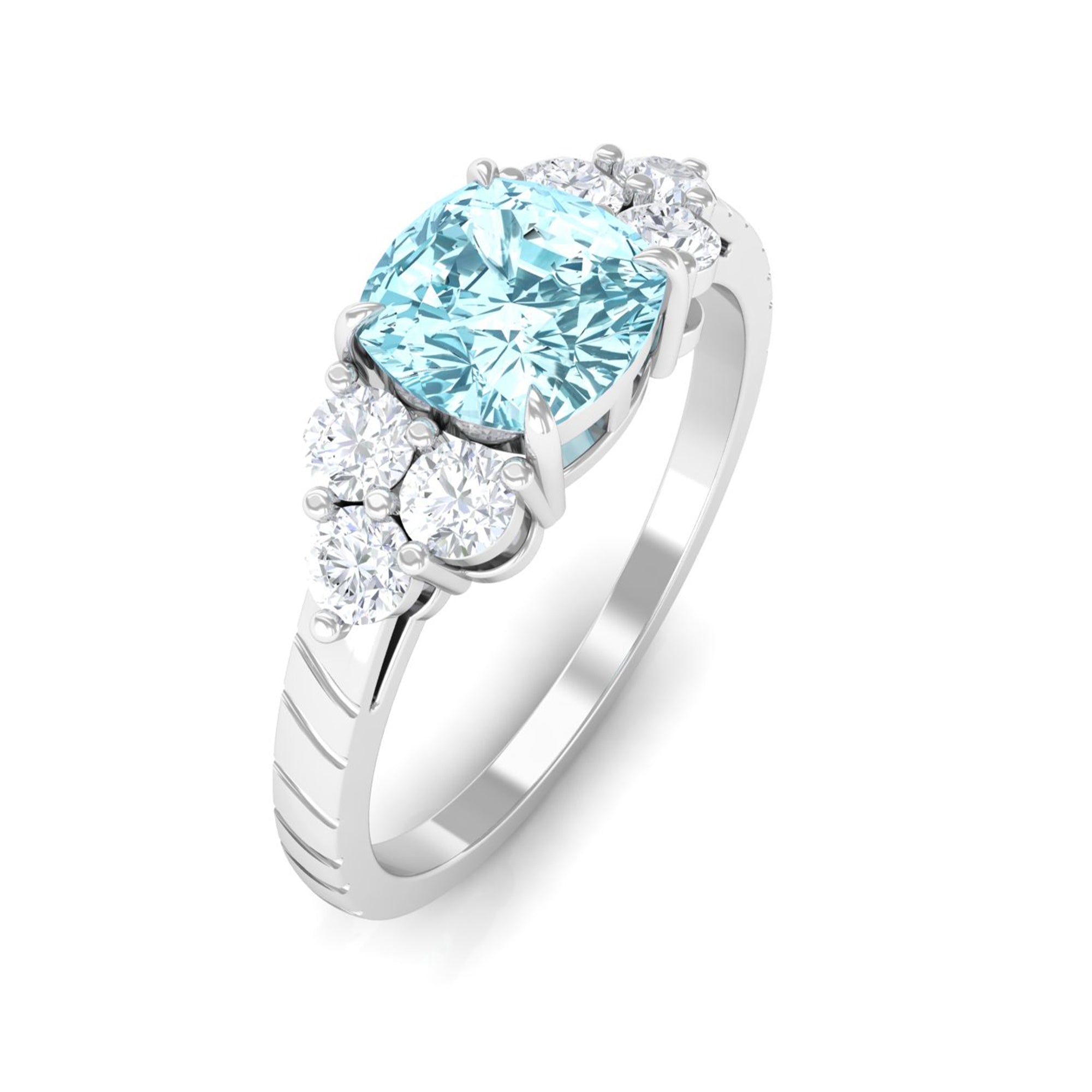 Cushion Cut Aquamarine Solitaire Ring with Diamond Aquamarine - ( AAA ) - Quality - Rosec Jewels