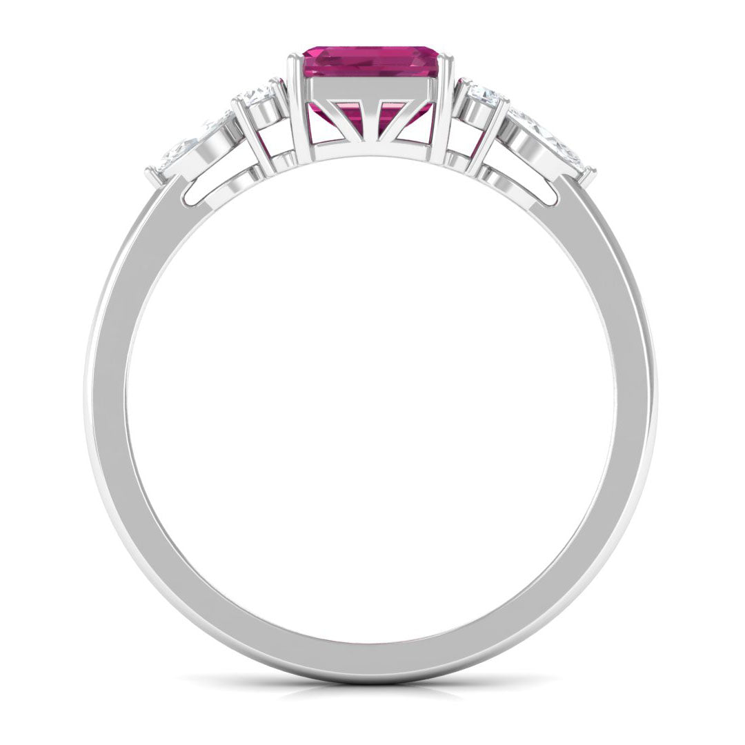 Asscher Cut Pink Tourmaline Solitaire Engagement Ring with Diamond Trio Pink Tourmaline - ( AAA ) - Quality - Rosec Jewels