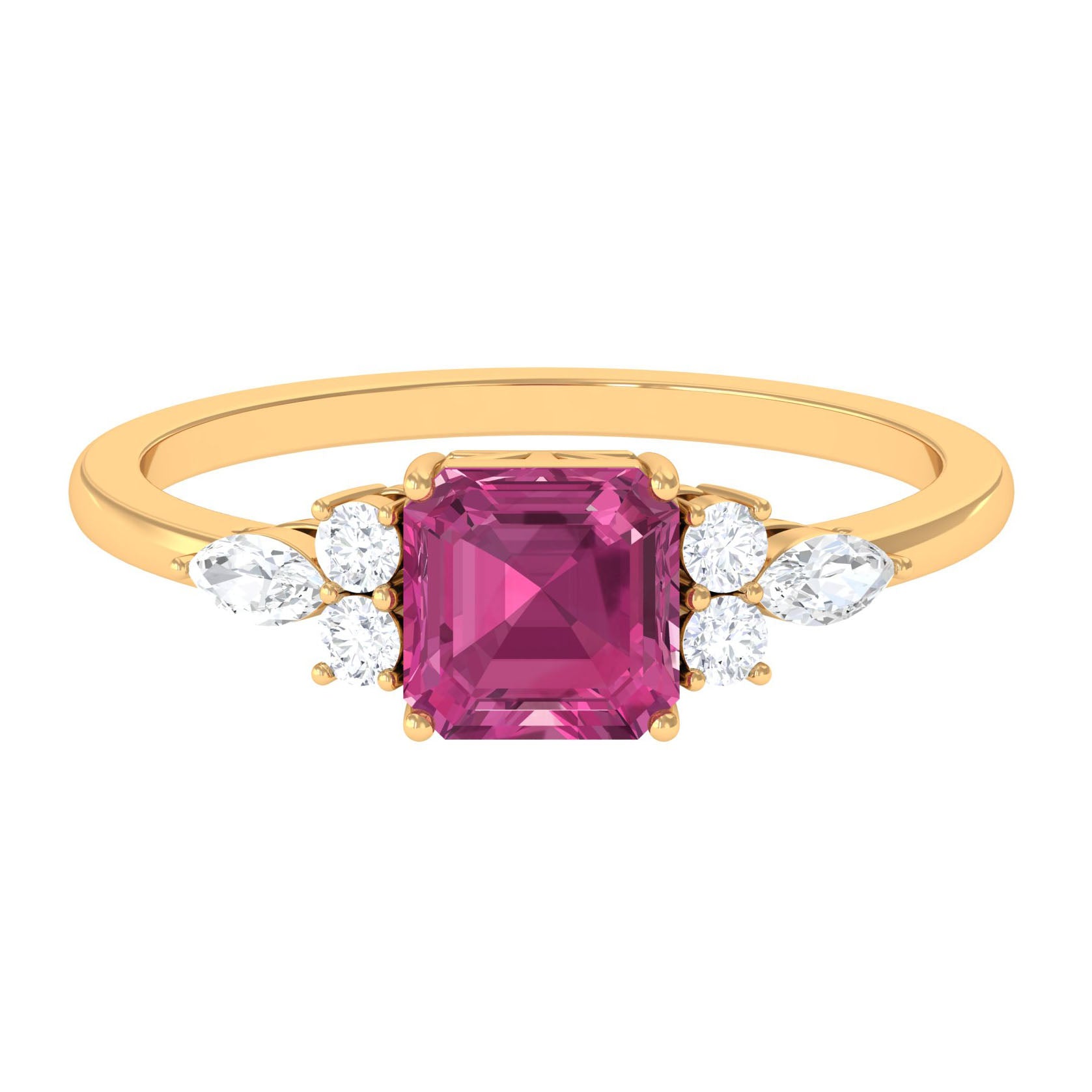 Asscher Cut Pink Tourmaline Solitaire Engagement Ring with Diamond Trio Pink Tourmaline - ( AAA ) - Quality - Rosec Jewels