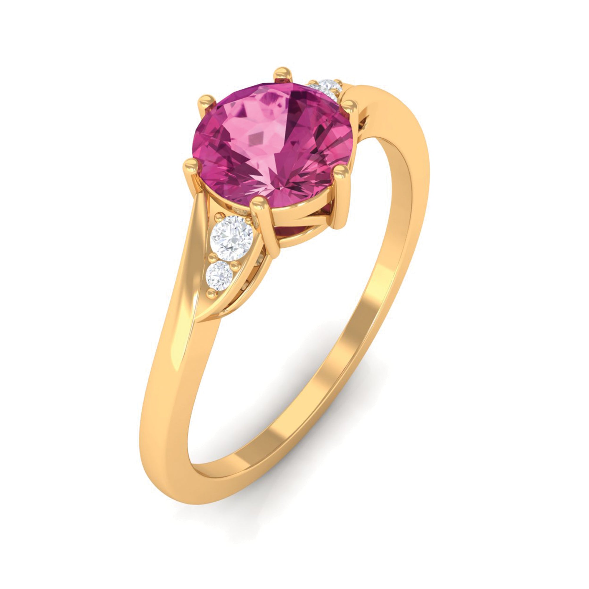 Round Shape Pink Tourmaline Solitaire Ring with Diamond Pink Tourmaline - ( AAA ) - Quality - Rosec Jewels