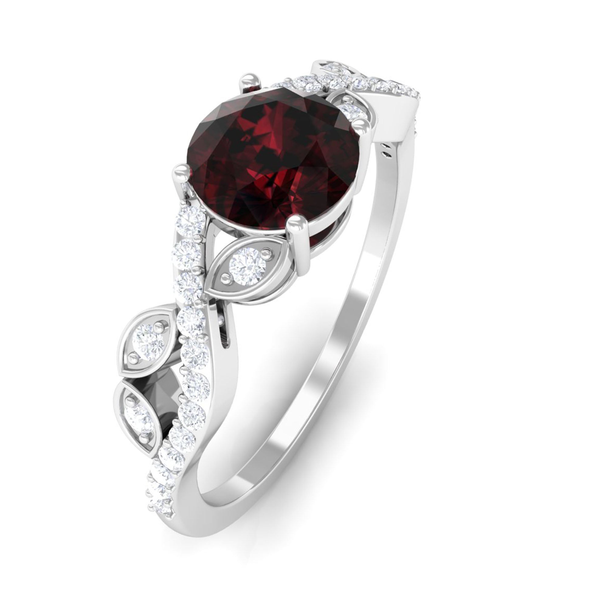 Round Garnet Designer Engagement Ring with Diamond Garnet - ( AAA ) - Quality - Rosec Jewels