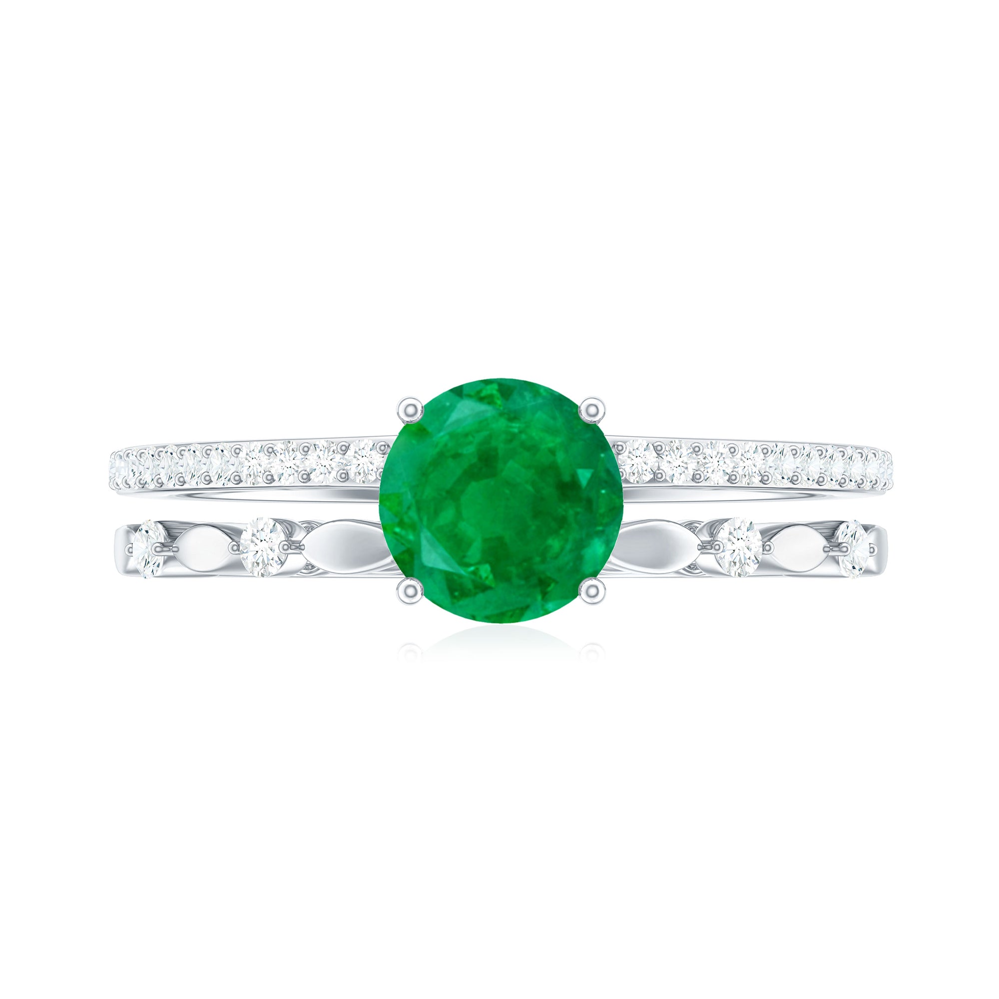 Solitaire Emerald Double Band Engagement Ring with Diamond Emerald - ( AAA ) - Quality - Rosec Jewels