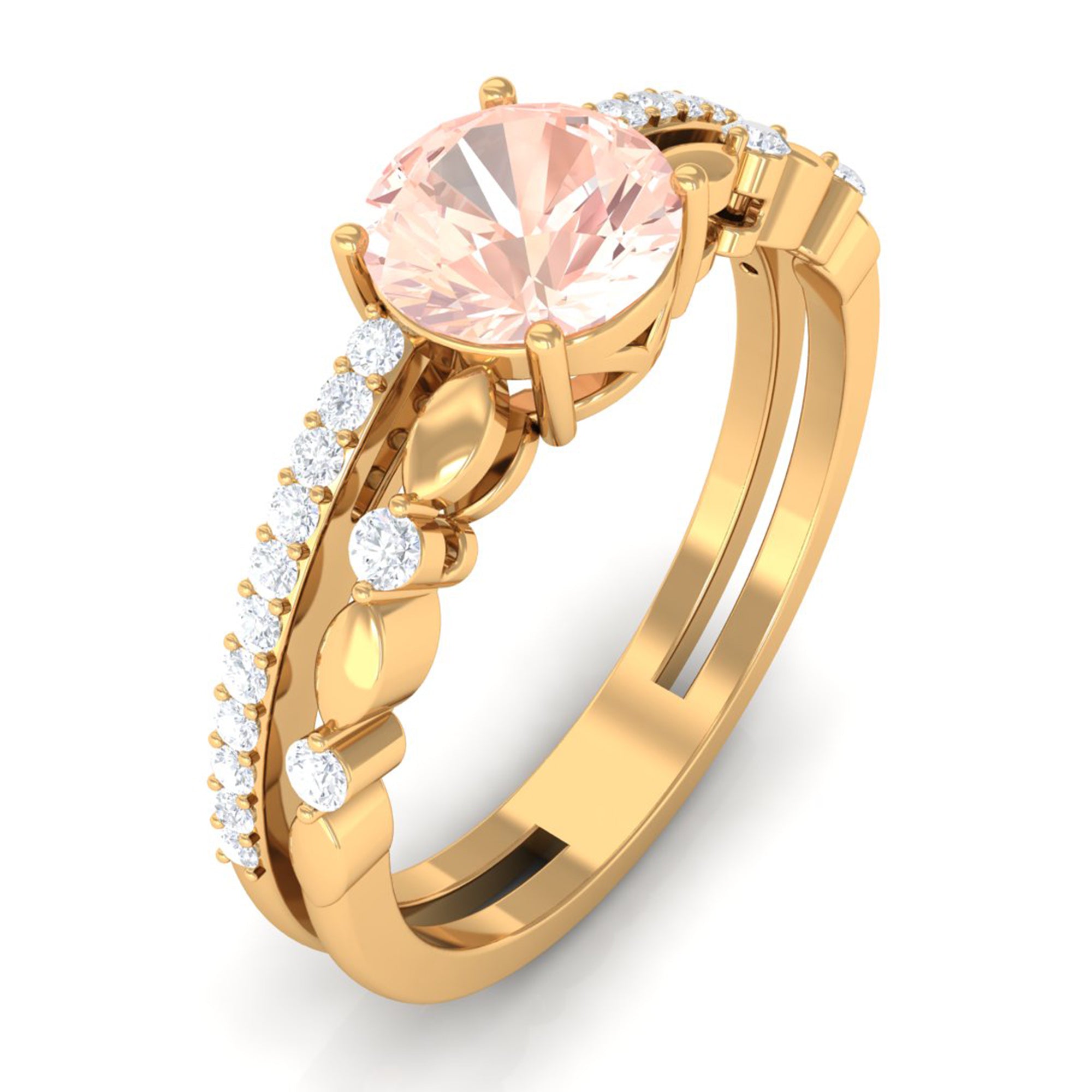 Round Shape Morganite Solitaire Double Band Ring with Diamond Morganite - ( AAA ) - Quality - Rosec Jewels