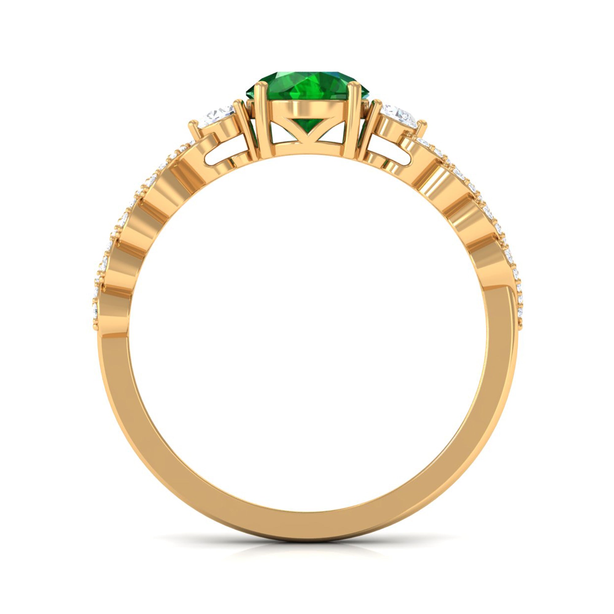 Round Shape Created Emerald Designer Engagement Ring with Diamond Side Stones Lab Created Emerald - ( AAAA ) - Quality - Rosec Jewels