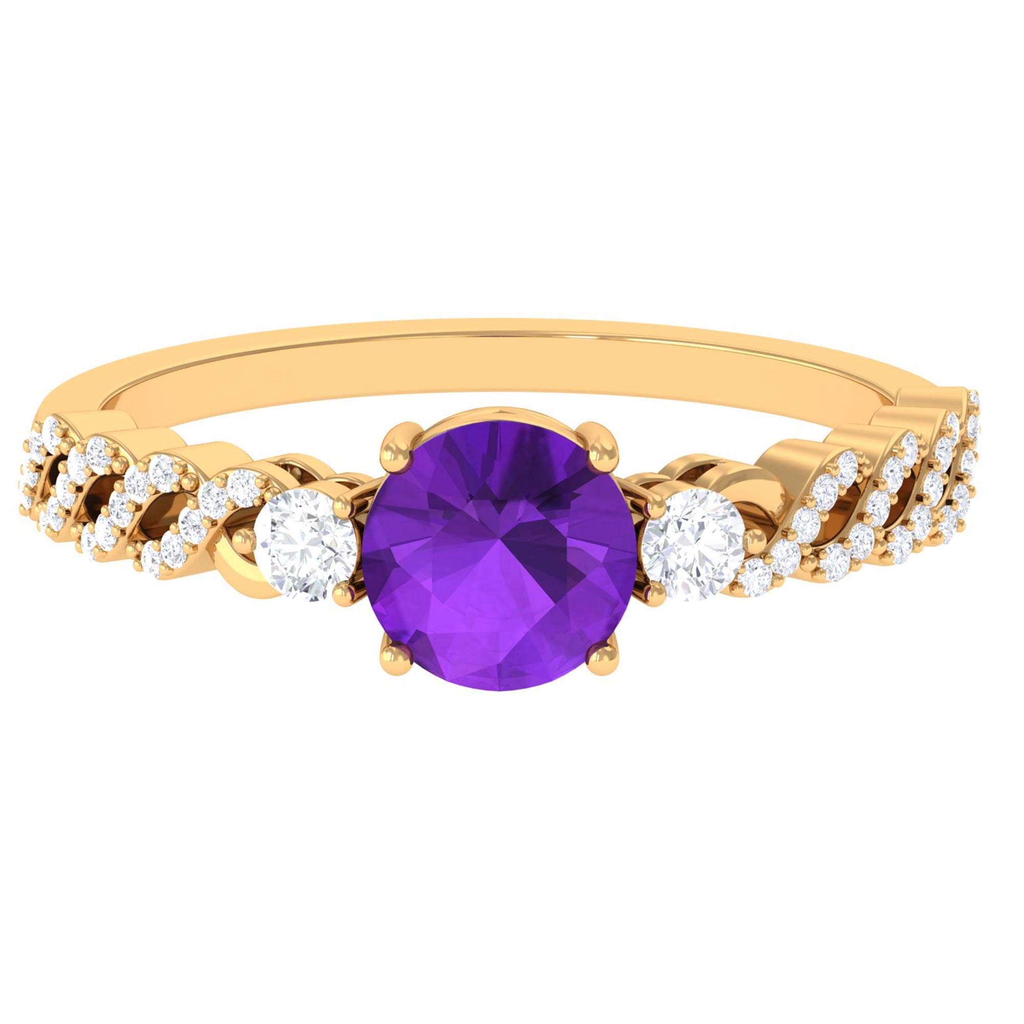 Round Amethyst Solitaire Ring with Diamond Side Stones Amethyst - ( AAA ) - Quality - Rosec Jewels