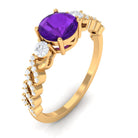 Round Amethyst Solitaire Ring with Diamond Side Stones Amethyst - ( AAA ) - Quality - Rosec Jewels