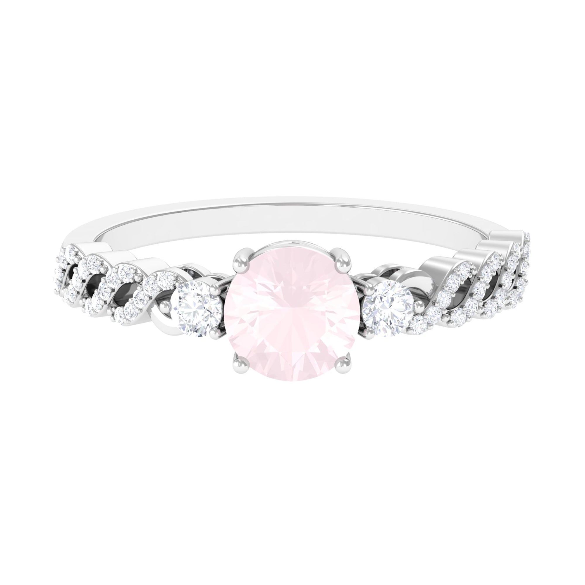 Round Shape Rose Quartz Designer Engagement Ring with Diamond Side Stones Rose Quartz - ( AAA ) - Quality - Rosec Jewels