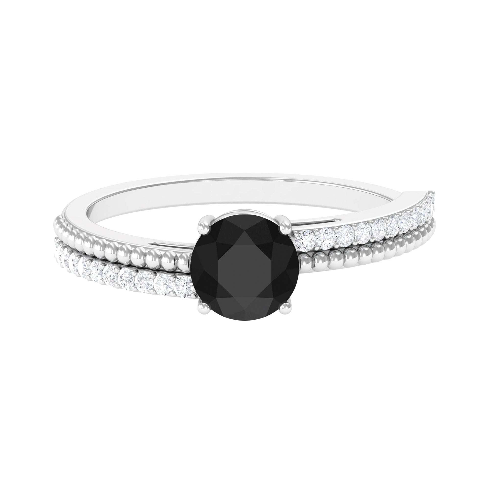 Round Shape Solitaire Created Black Diamond and Diamond Ring with Side Stones Lab Created Black Diamond - ( AAAA ) - Quality - Rosec Jewels