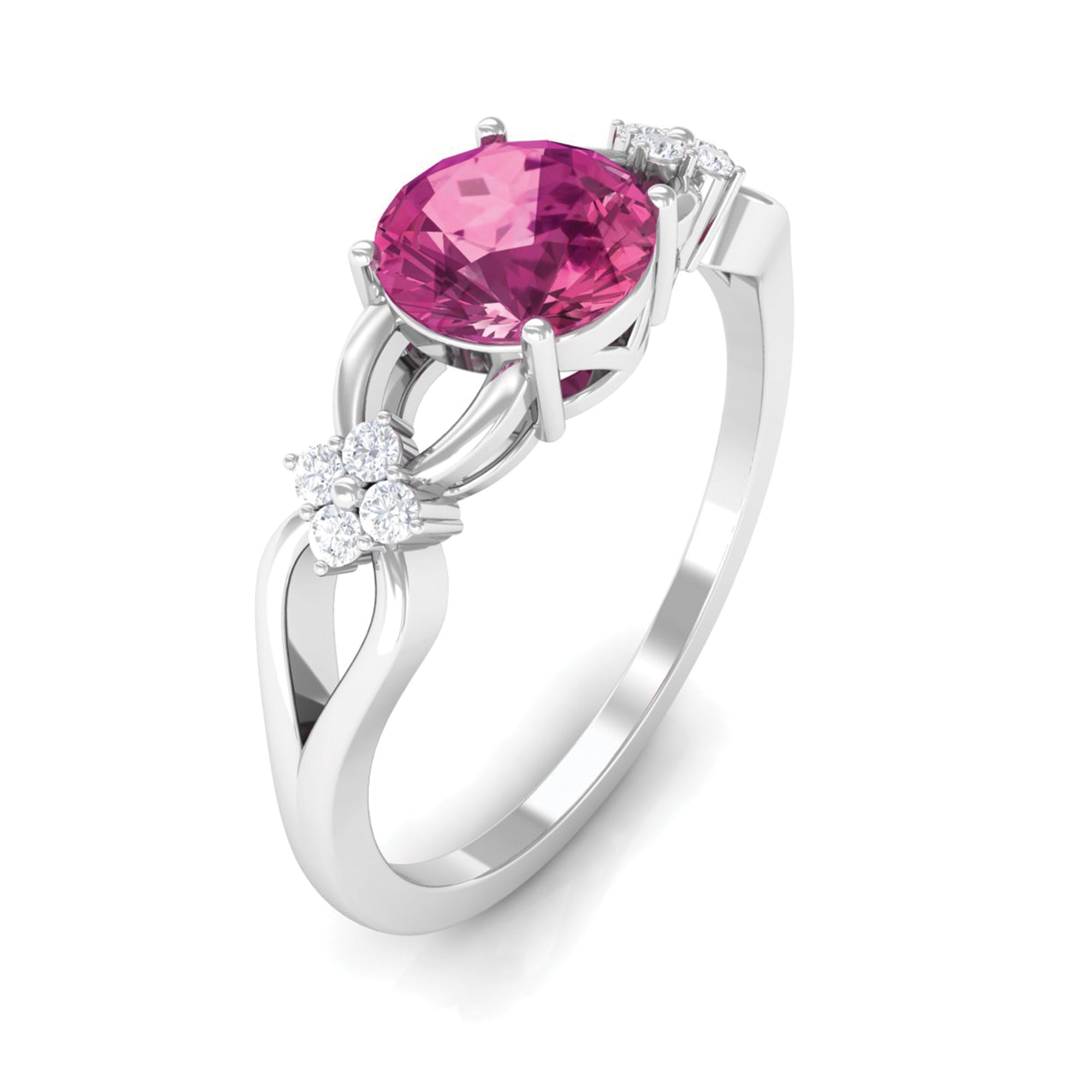 Pink Tourmaline Solitaire Floral Ring with Diamond Pink Tourmaline - ( AAA ) - Quality - Rosec Jewels