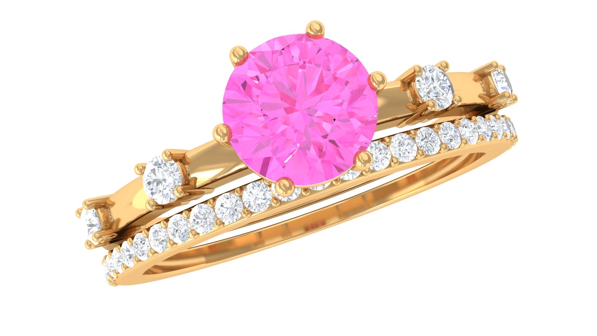 Round Pink Sapphire and Diamond Simple Ring Set Pink Sapphire - ( AAA ) - Quality - Rosec Jewels